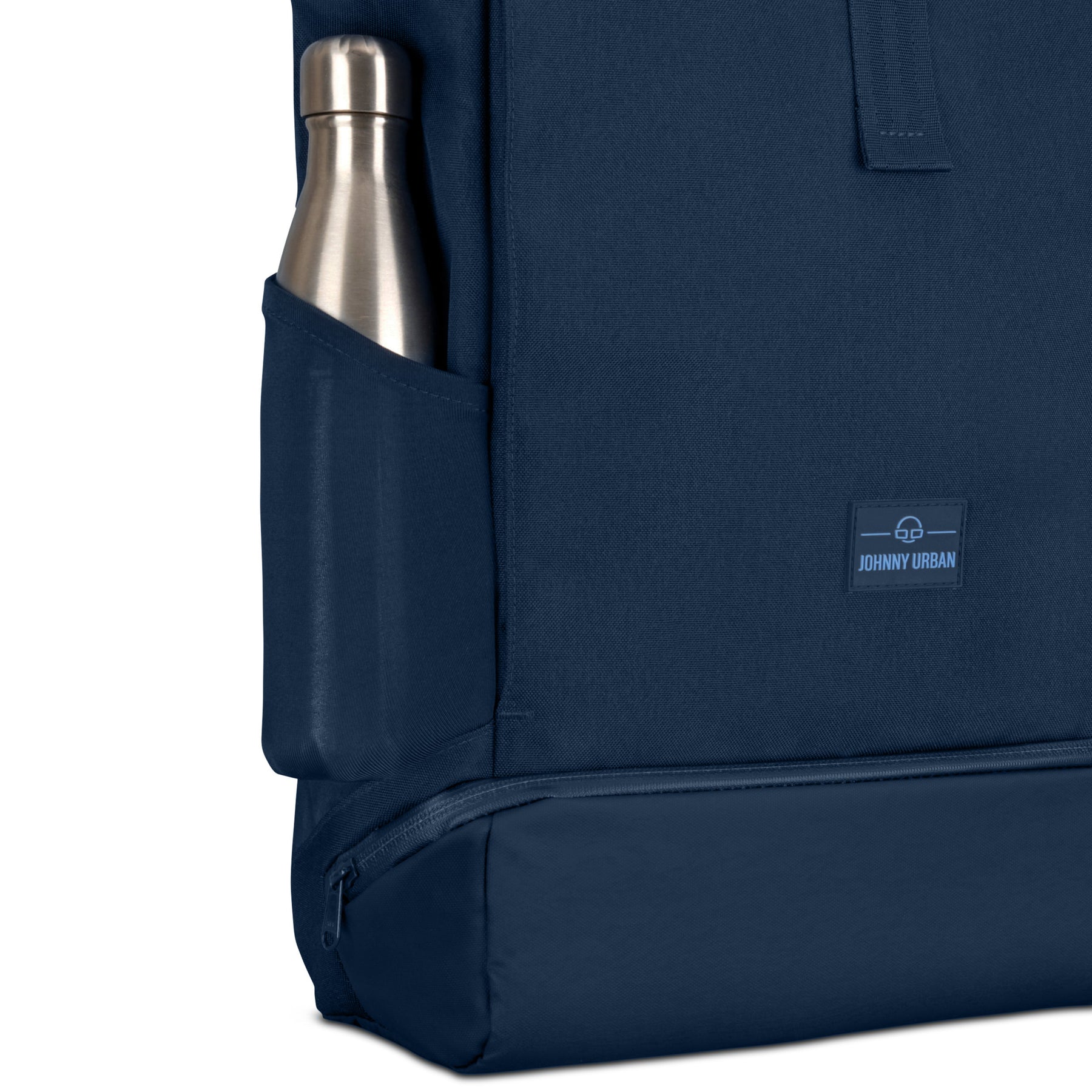 Blauer Rolltop Rucksack 'Allen Medium' von Johnny Urban mit Seitentasche und Metallflasche