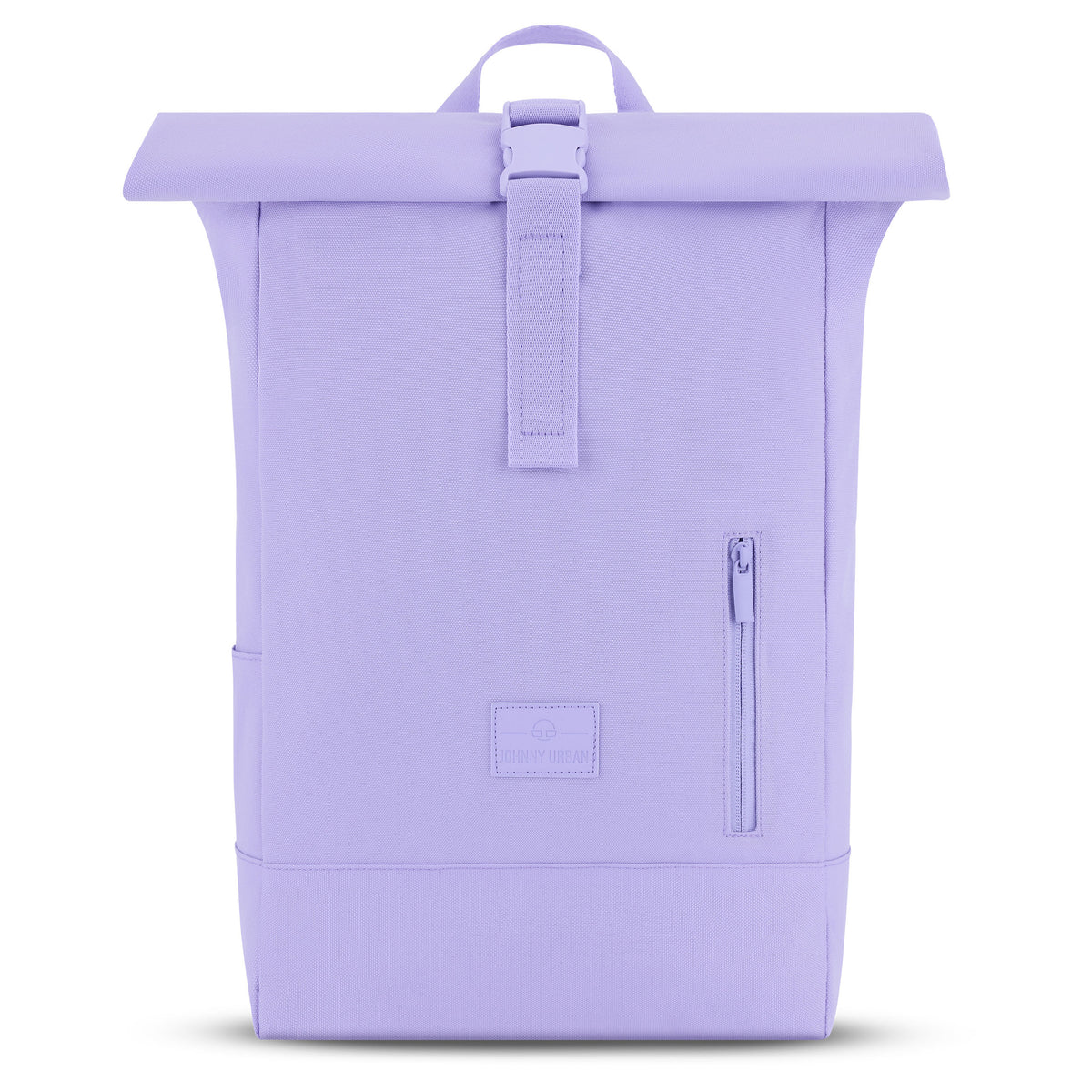 Rolltop Rucksack 'Robin Medium' von Johnny Urban in fliederfarben, mit vorne sichtbarem Reißverschluss und Logo