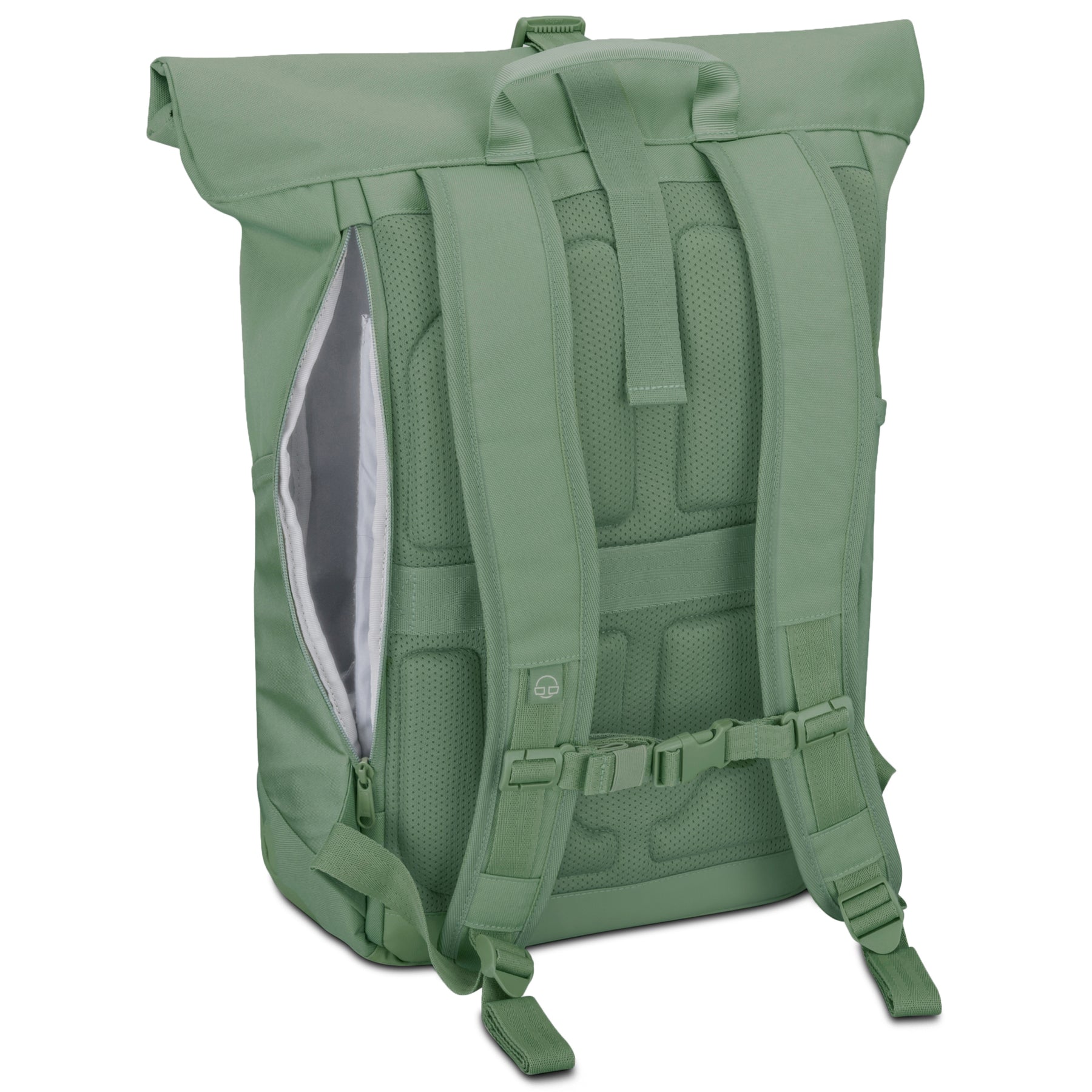 Rückansicht des olivgrünen Rolltop Rucksacks "Allen Large" mit gepolstertem Rücken und geöffnetem seitlichem Reißverschlussfach