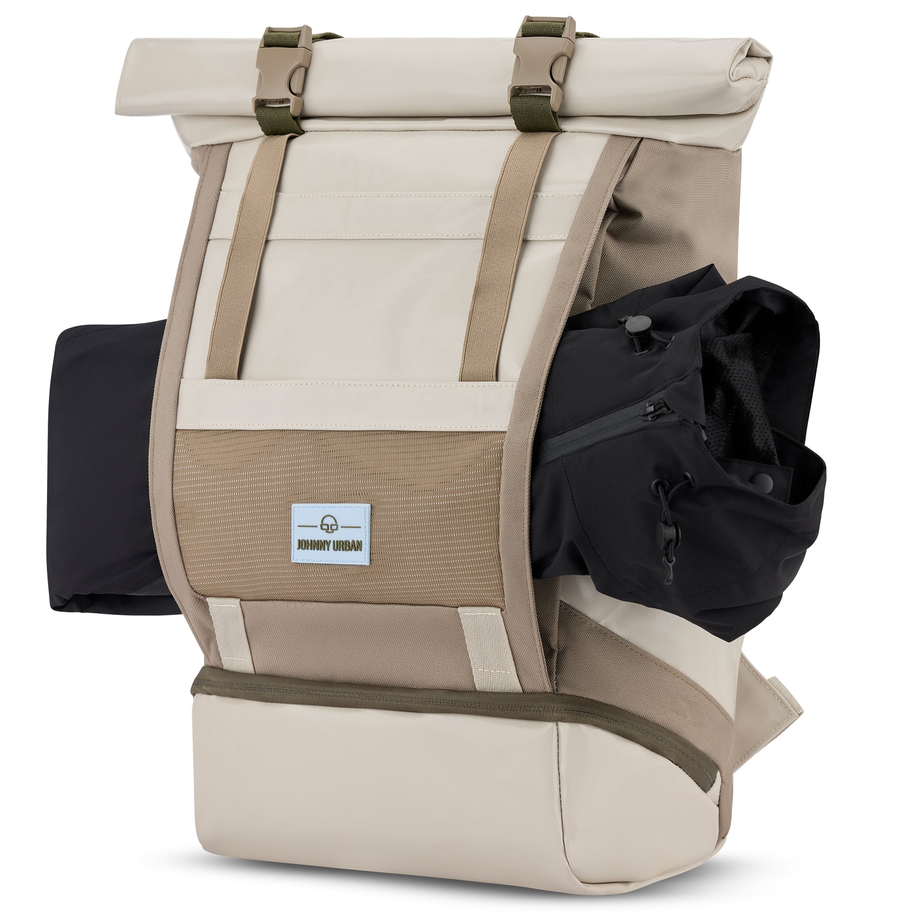 Beiger Rolltop-Rucksack 'Ashton' mit Seitenband zur Befestigung einer Jacke