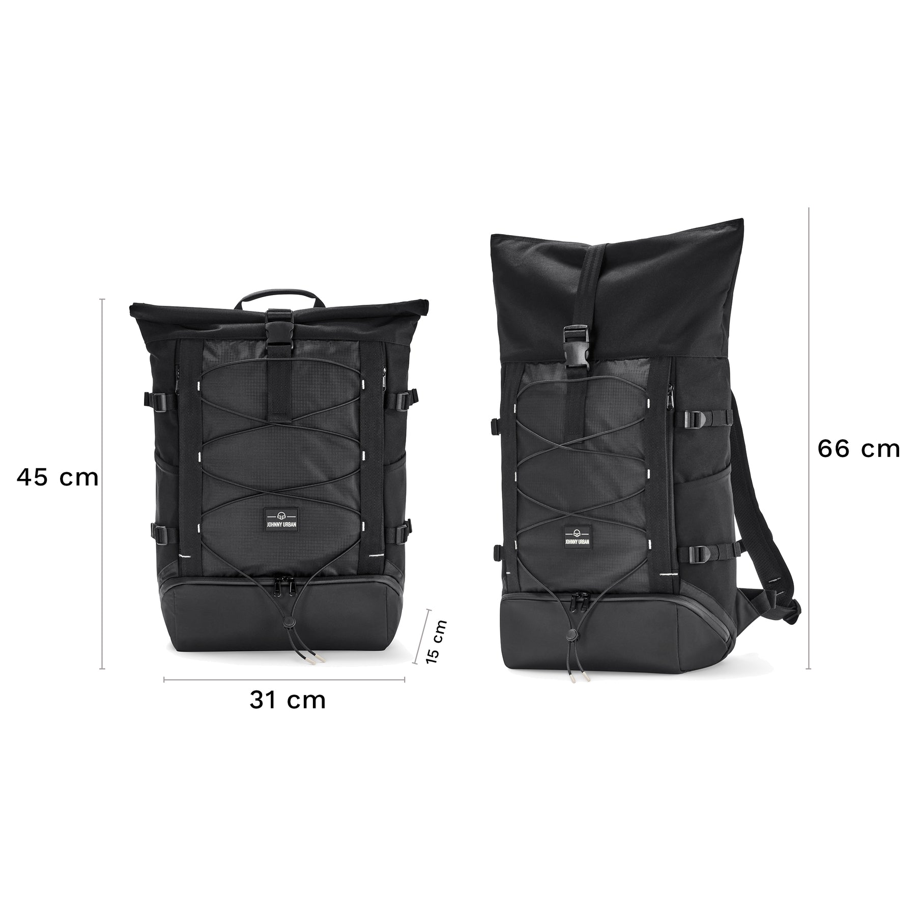 Schwarzer Rolltop-Rucksack 'Allen Large Move' von Johnny Urban, Maße 45x31x15 cm komprimiert, 66 cm ausgezogen