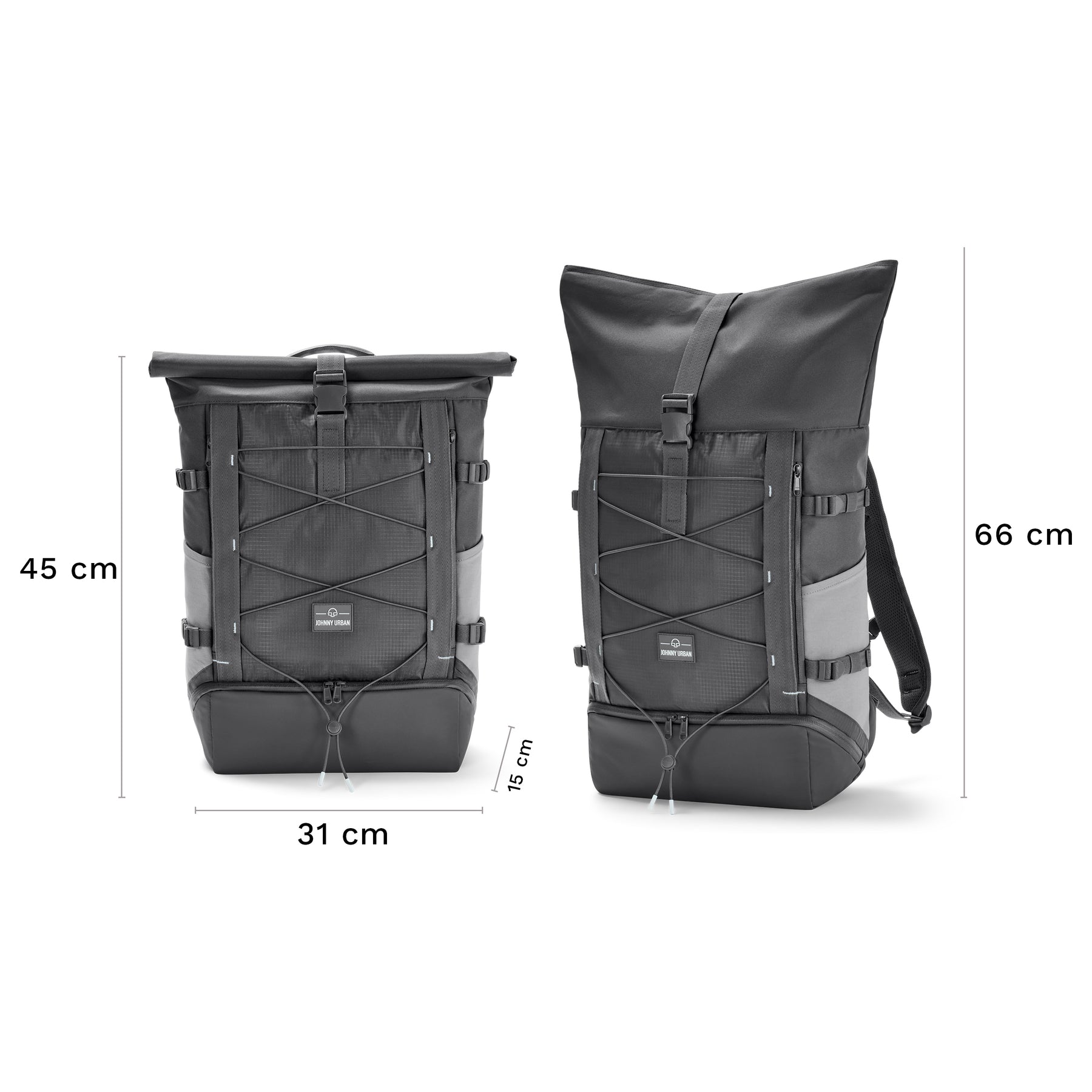 Großer grauer Rolltop Rucksack 'Allen Large Move' von Johnny Urban mit Maßen 45x31x15 cm und 66 cm Höhe geöffnet