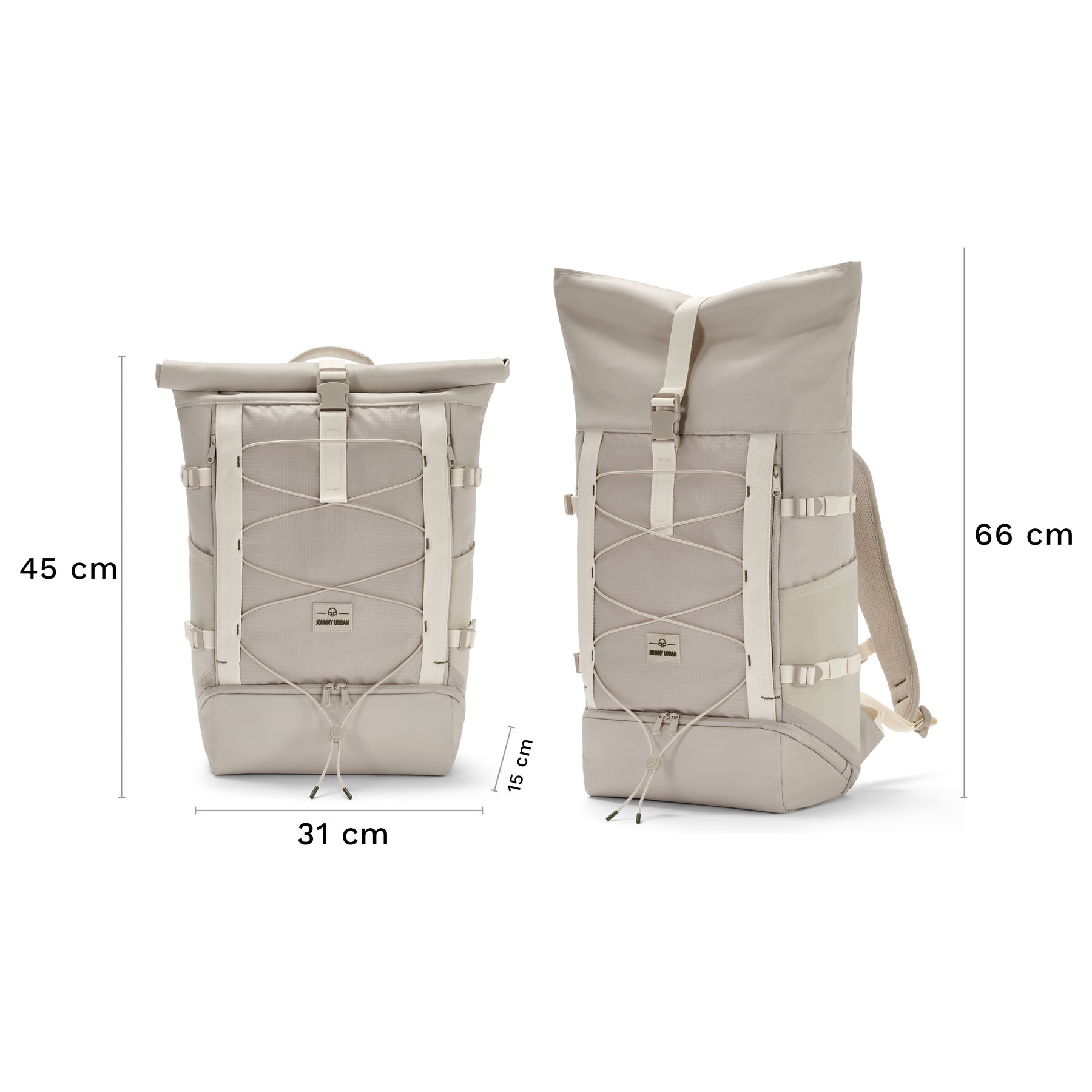 Sandfarbener Johnny Urban Rolltop Rucksack 'Allen Large Move' mit Maßen 45x31x15 cm oder 66x31x15 cm