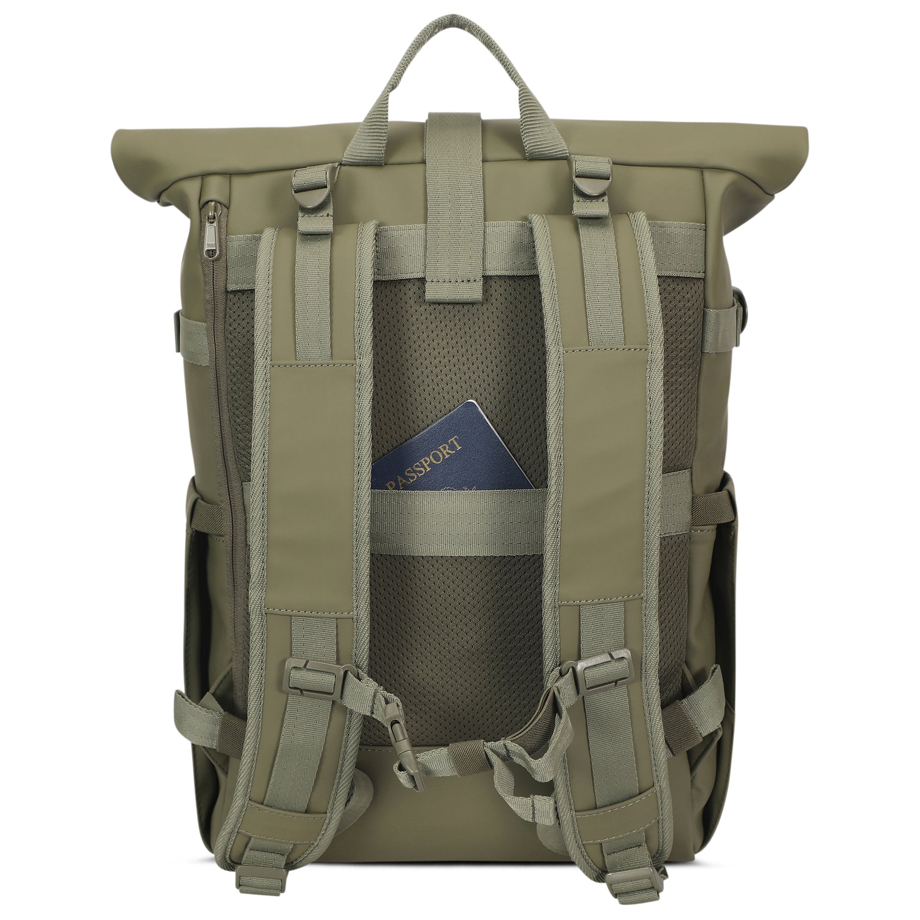 Rückseite des olivefarbenen Rolltop-Rucksacks 'Harvey Large' mit gepolsterten Schultergurten und verdeckter Reißverschlusstasche mit Pass