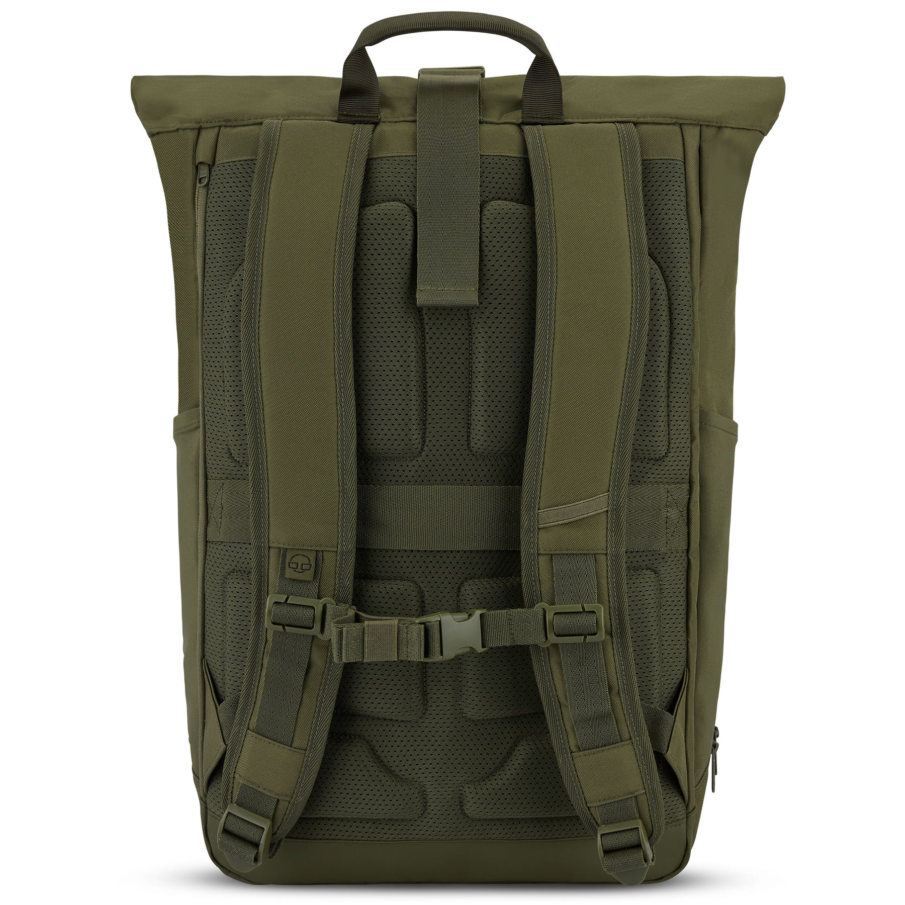 Rückseite des olivegrünen Rolltop Rucksacks Allen XL mit gepolsterten Schultergurten und Lüftungsrücken