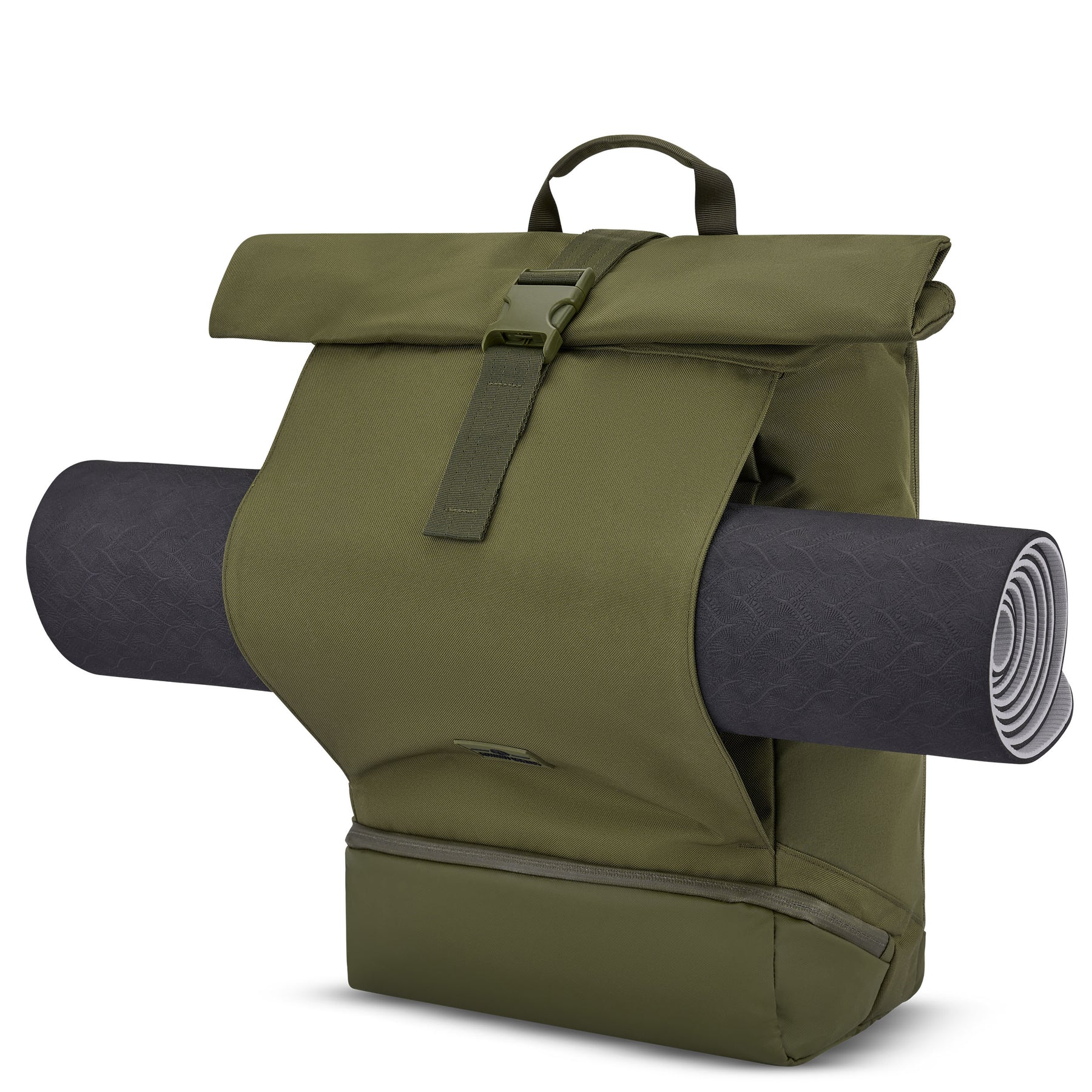 Großer olivgrüner Rolltop Rucksack 'Allen XL' mit einer schwarzen Yogamatte außen befestigt