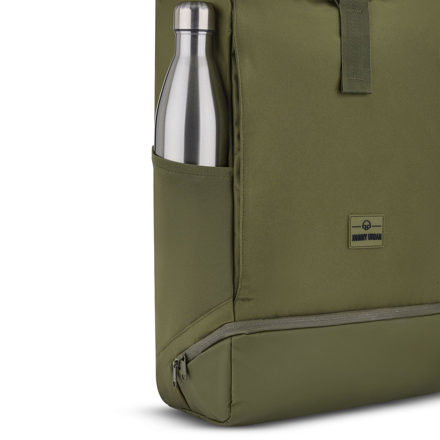 Grüner Johnny Urban Rolltop Rucksack Allen XL mit seitlichem Fach und silberner Trinkflasche