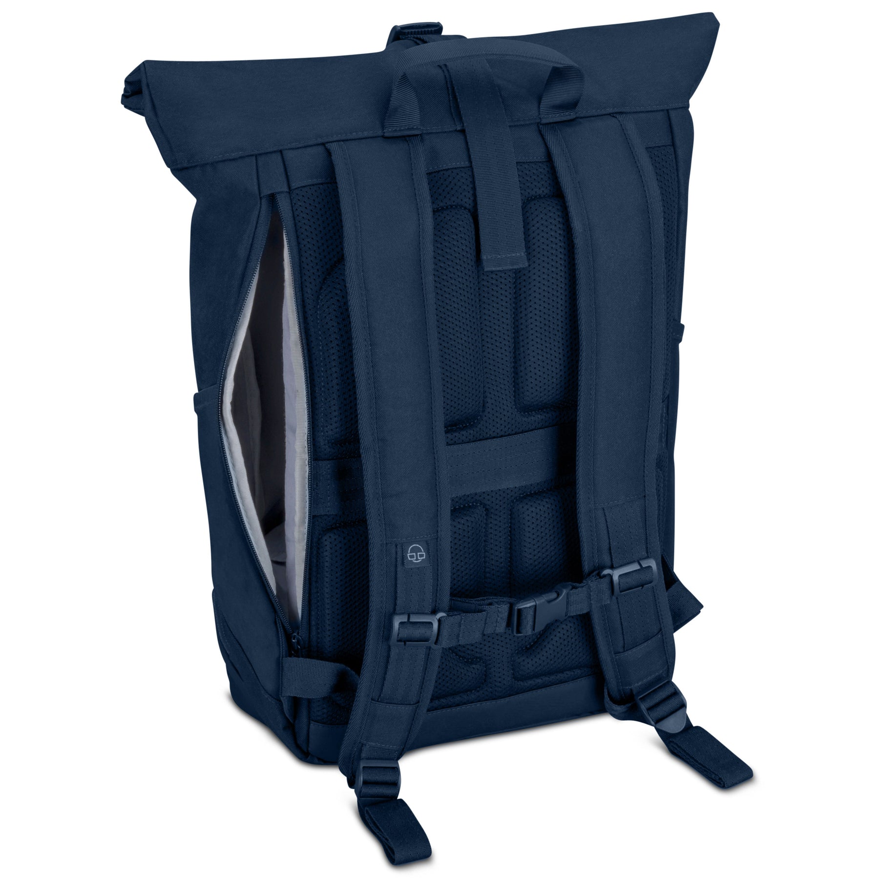 Großer blauer Rolltop-Rucksack "Allen Large" von Johnny Urban mit gepolsterten Rücken- und Schultergurten und offenem Seitentaschenreißverschluss