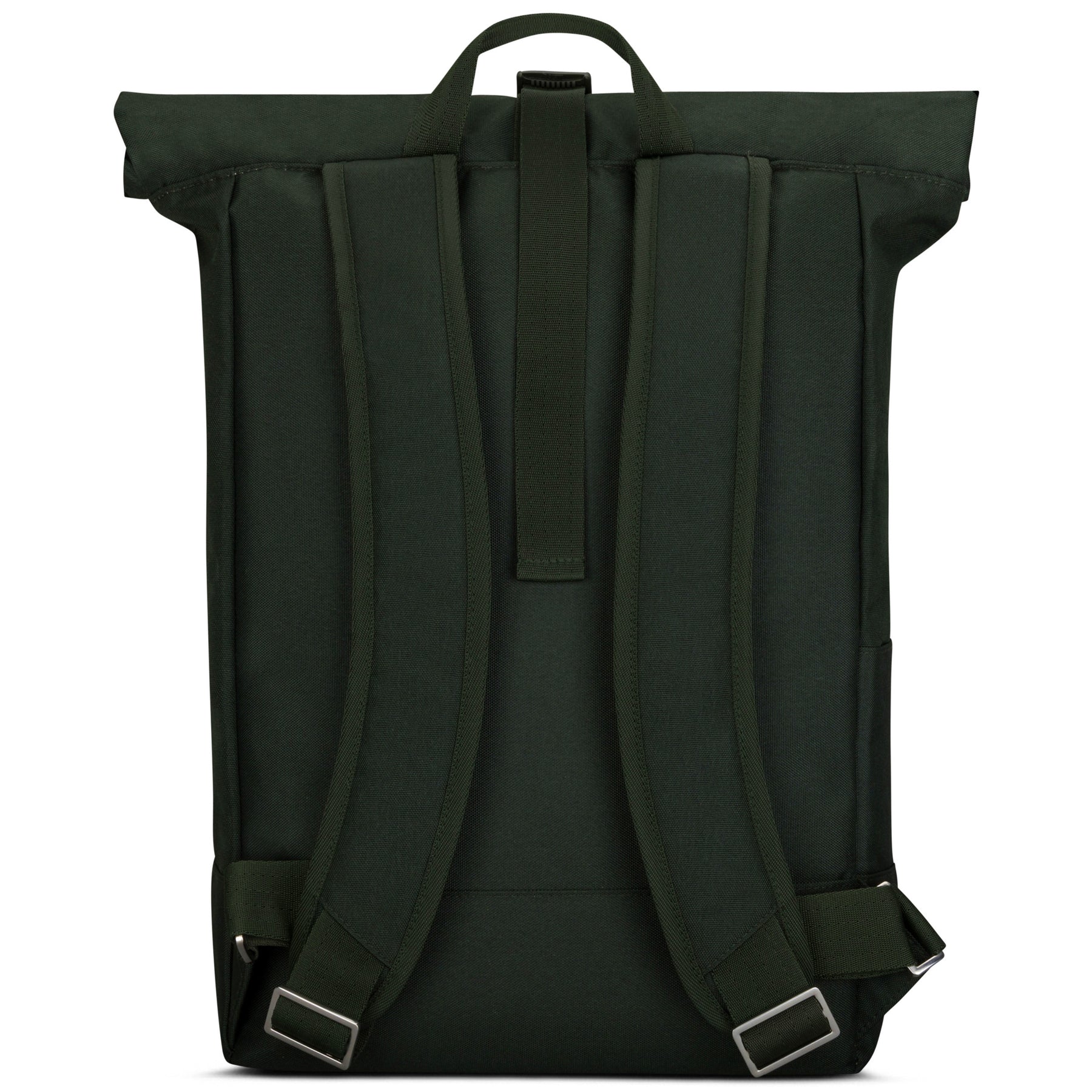 Rückseite des großen Rolltop-Rucksacks 'Robin Large' von Johnny Urban in grün mit gepolsterten Schultergurten und Trageschlaufe