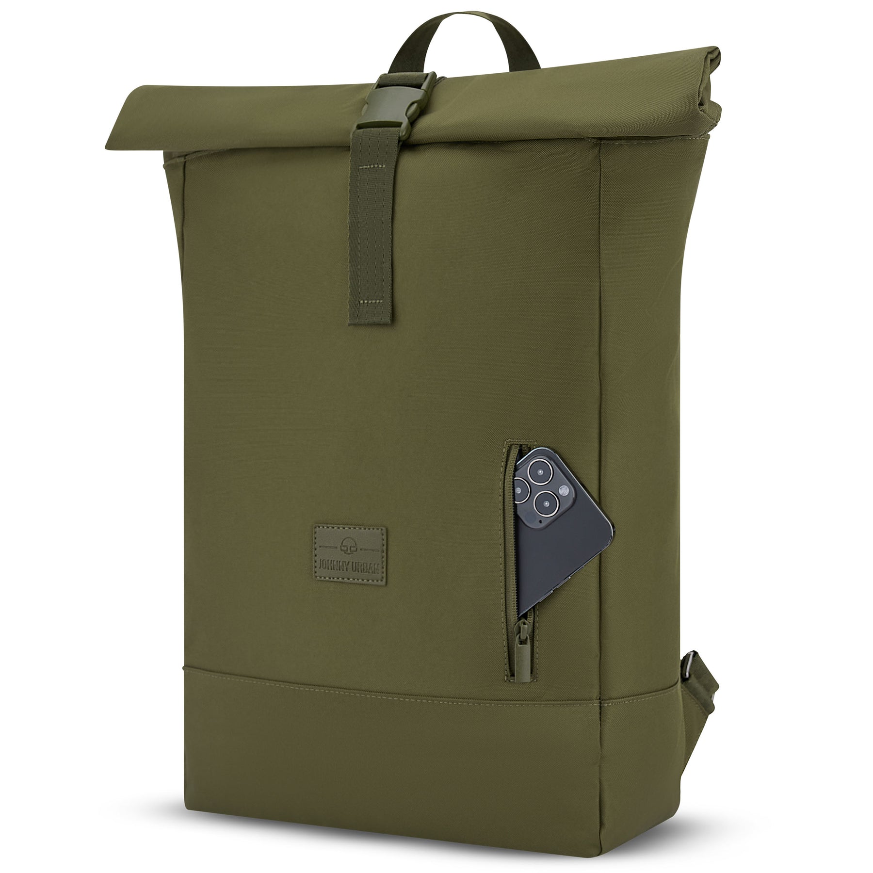 Olivegrüner Rolltop Rucksack 'Robin Large' von Johnny Urban mit seitlicher Reißverschlusstasche und Smartphone
