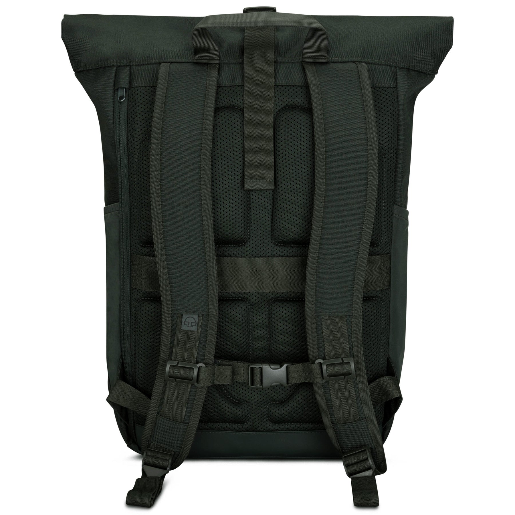 Rückseite des grünen Rolltop-Rucksacks 'Allen Large' mit gepolsterten Schultergurten und atmungsaktiver Rückenfläche