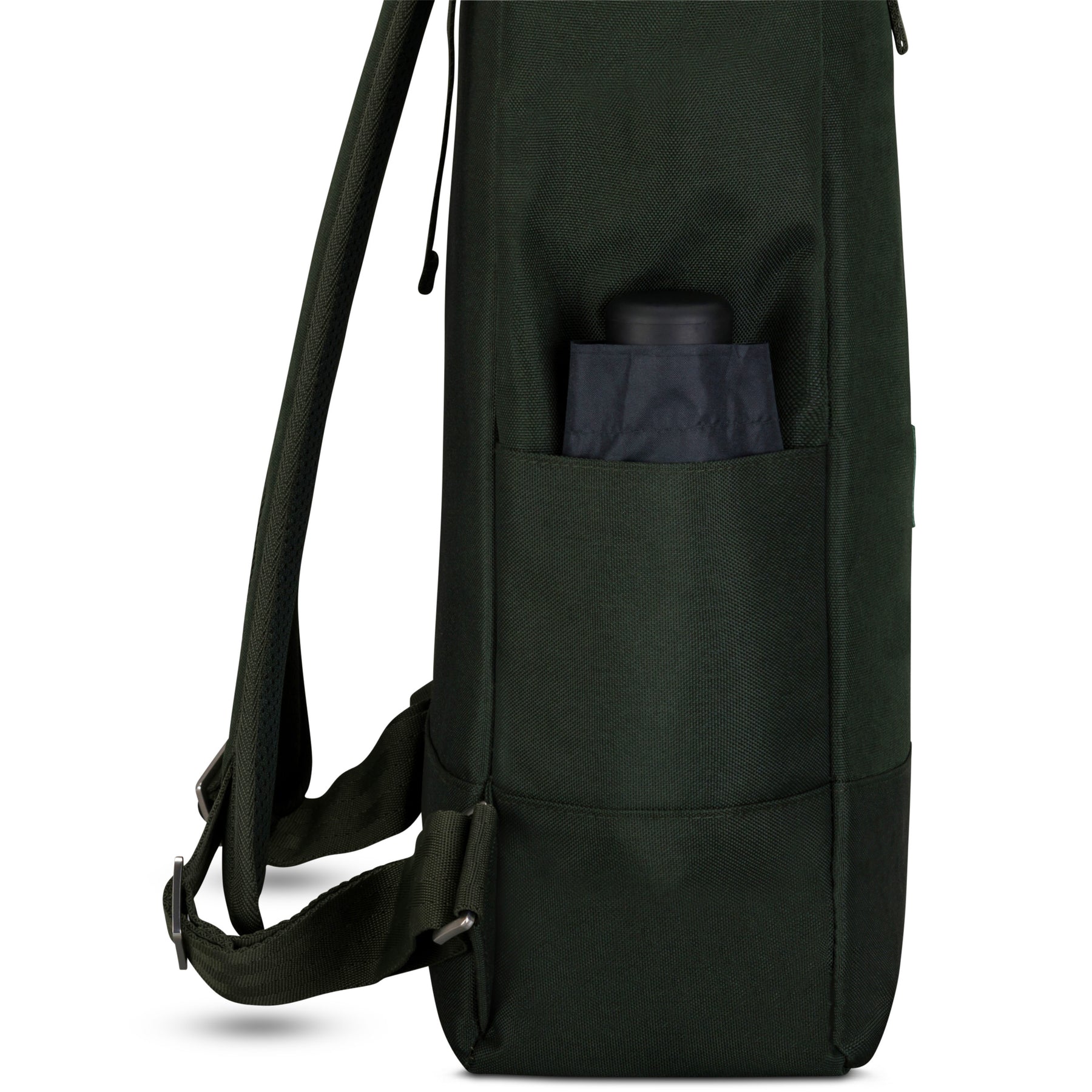 Grüner Johnny Urban Rolltop Rucksack 'Robin Large' mit seitlicher Tasche und schwarzer Flasche