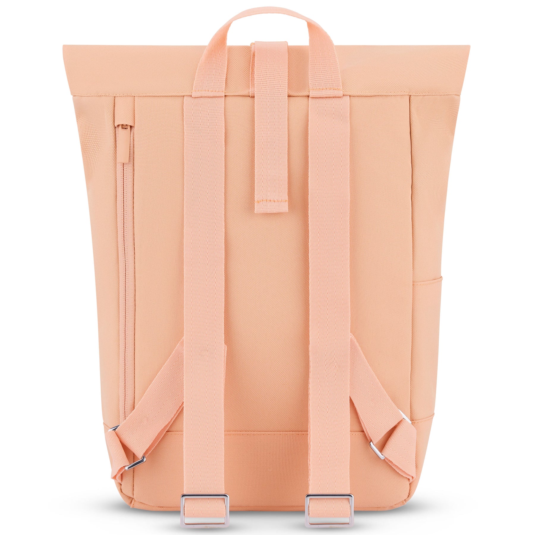 Rolltop Rucksack Robin Small in Pfirsich, Rückansicht mit verstellbaren Schulterriemen und seitlicher Tasche