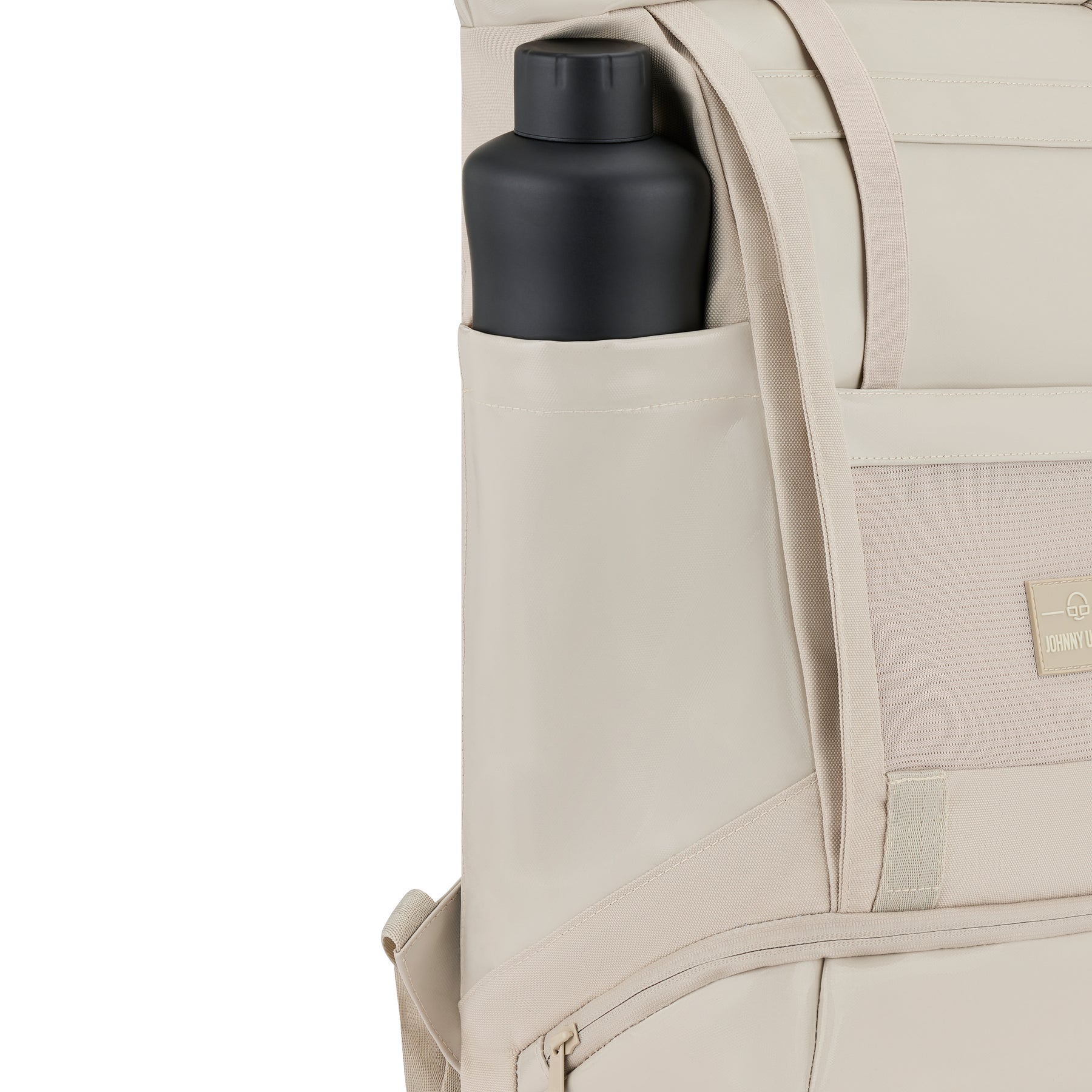Beiger Rolltop-Rucksack 'Ashton' mit seitlicher Tasche und schwarzer Trinkflasche