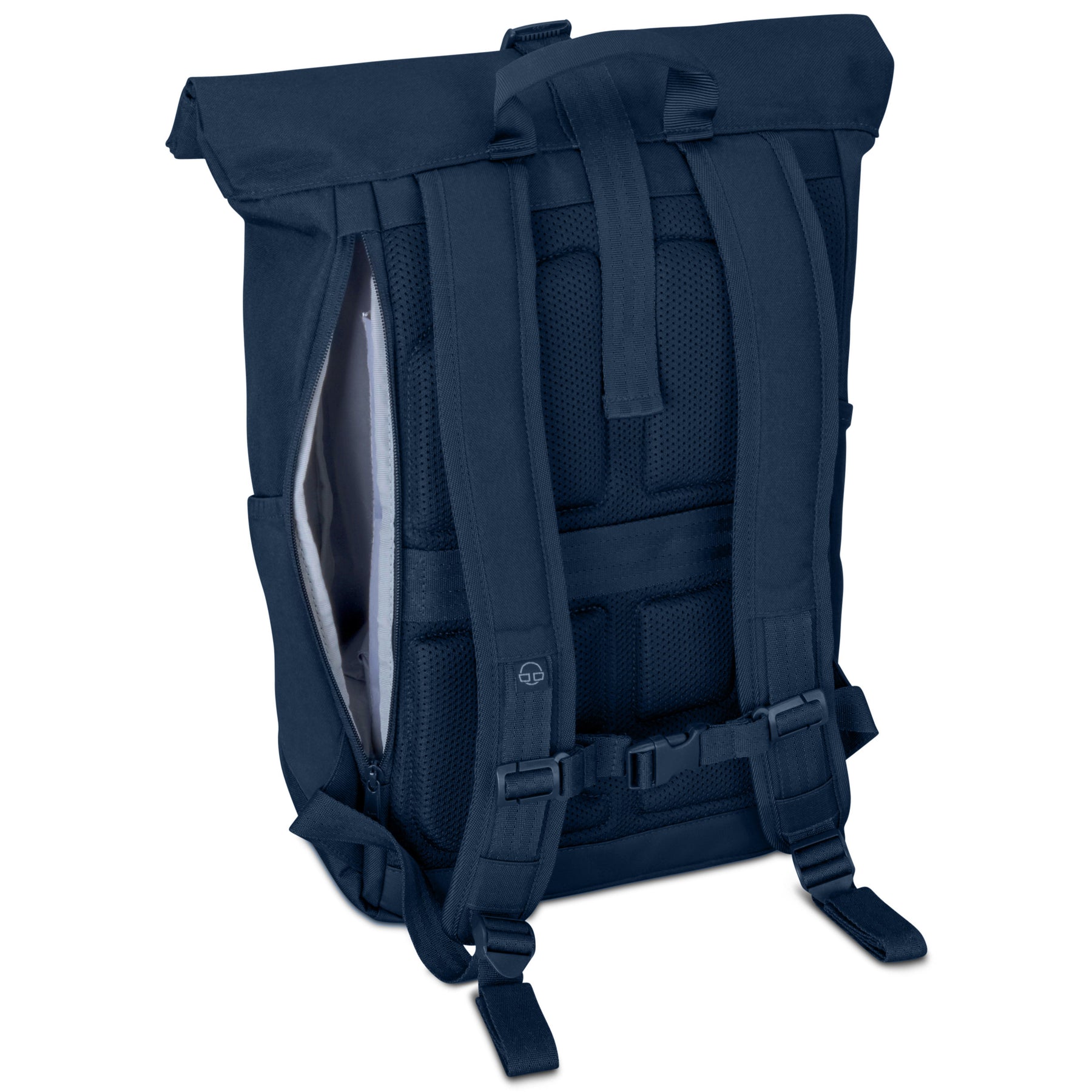 Dunkelblauer Rolltop-Rucksack 'Allen Medium' von Johnny Urban mit gepolsterten Schultergurten und seitlichem Reißverschluss