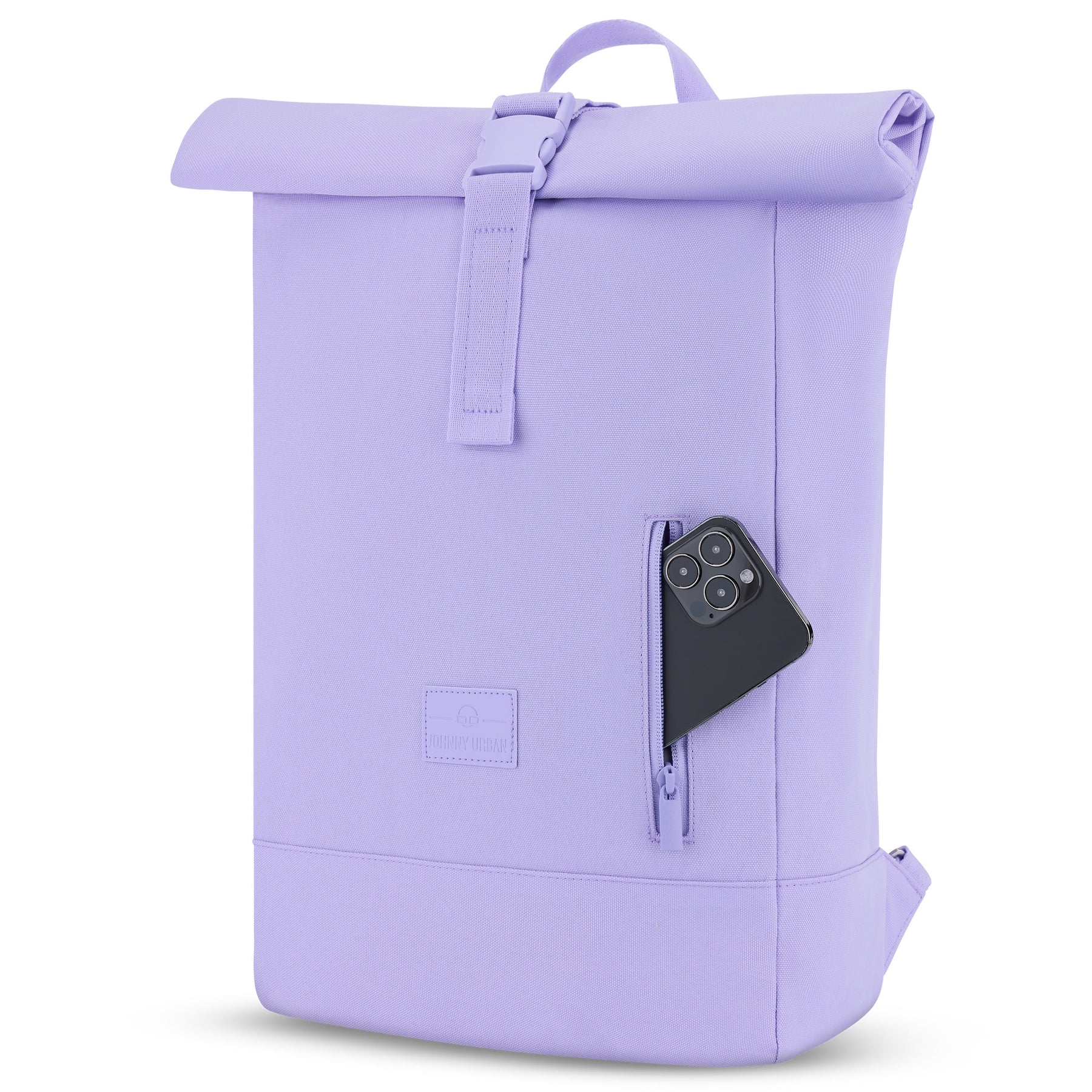 Rolltop Rucksack Robin Medium in fliederfarbenem Textilstoff, Vorderseite mit Reißverschlusstasche und Smartphone