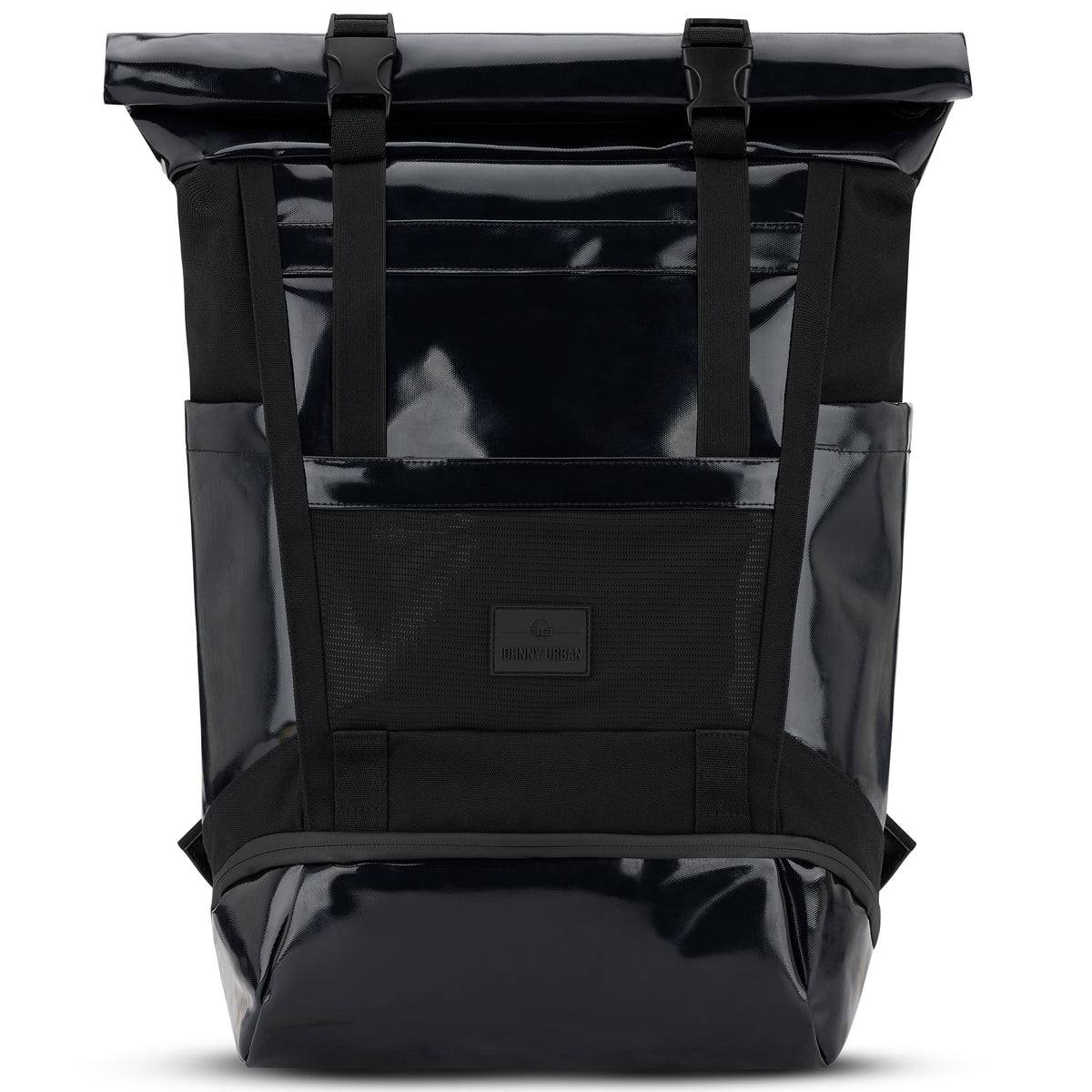 Schwarzer Rolltop-Rucksack 'Ashton' von Johnny Urban mit glänzendem Material und zwei Schnallen zum Verschließen