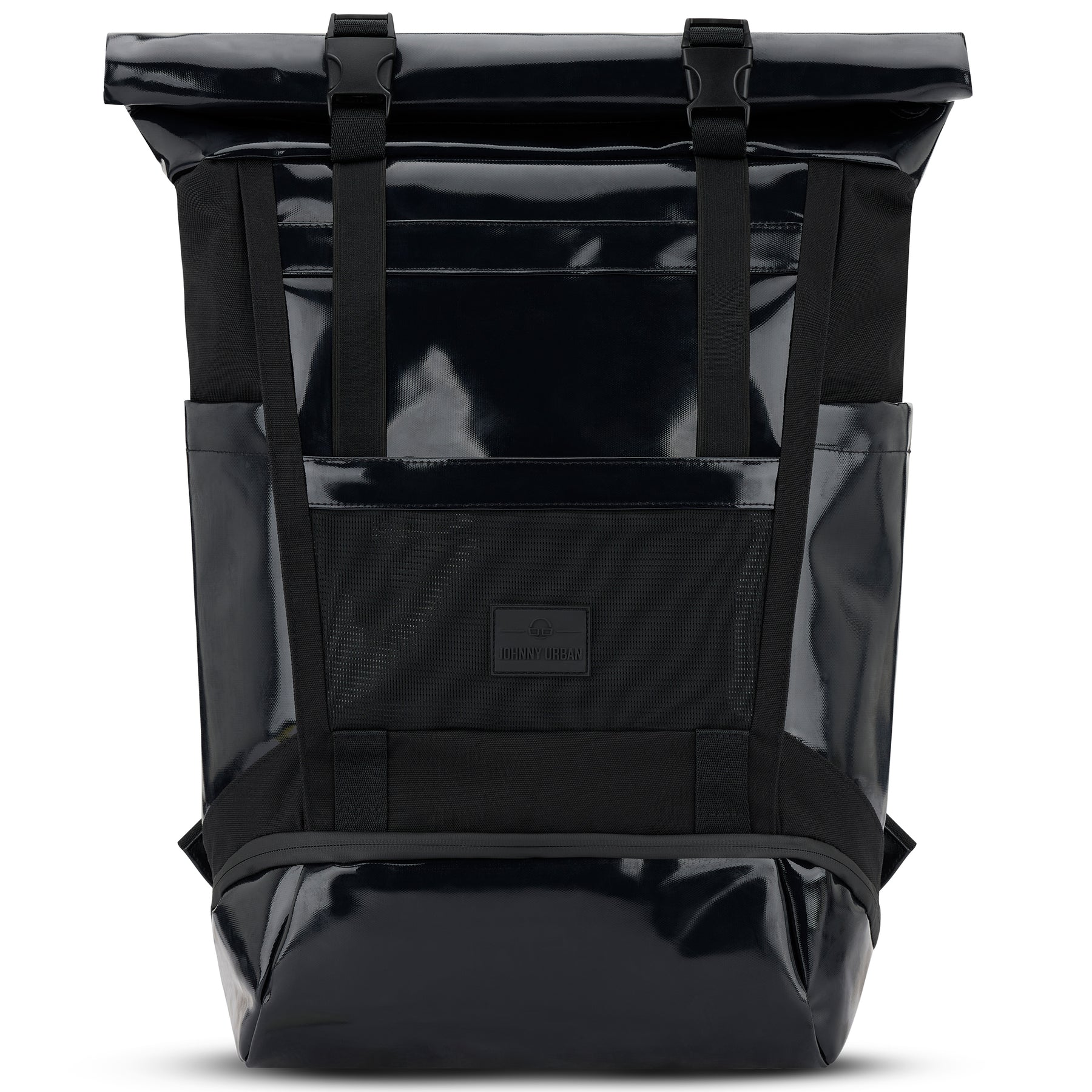 Schwarzer Rolltop-Rucksack 'Ashton' von Johnny Urban mit glänzendem Material und zwei Schnallen zum Verschließen