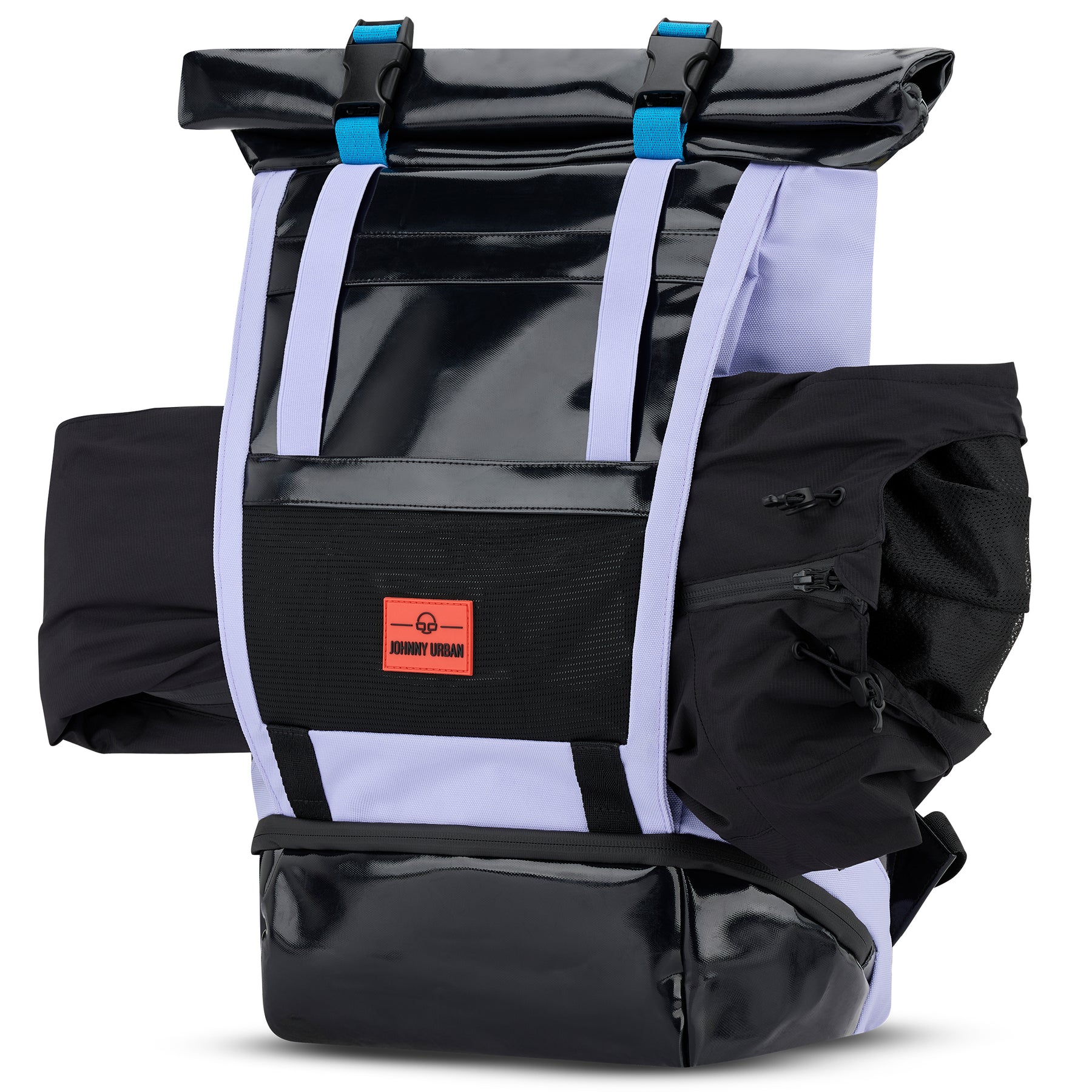 Rolltop-Rucksack 'Ashton' von Johnny Urban in Schwarz und Flieder mit hellblauen Schnallen