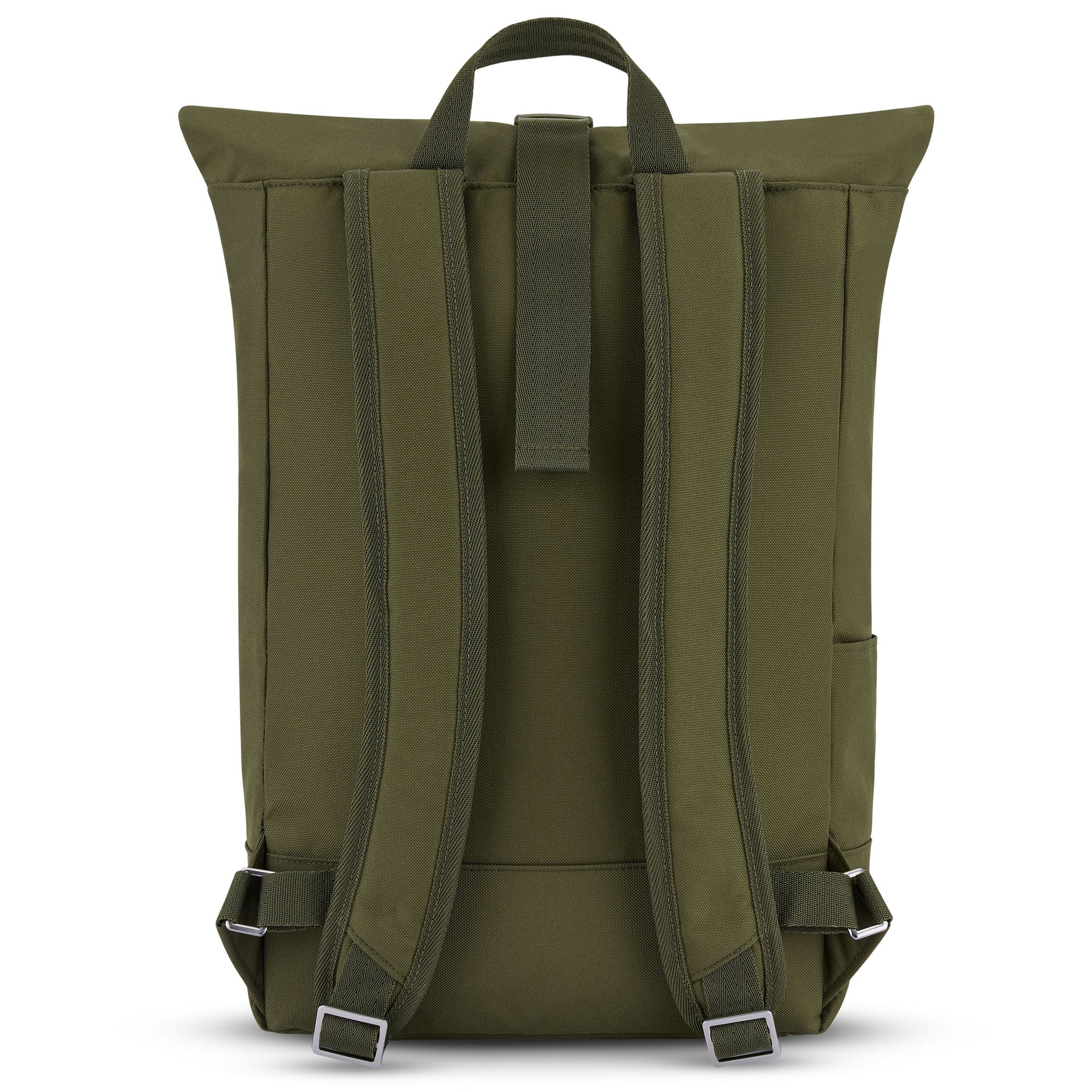 Rückansicht des olivgrünen Rolltop Rucksacks 'Robin Medium' von Johnny Urban mit gepolsterten Schulterriemen und Trageschlaufe