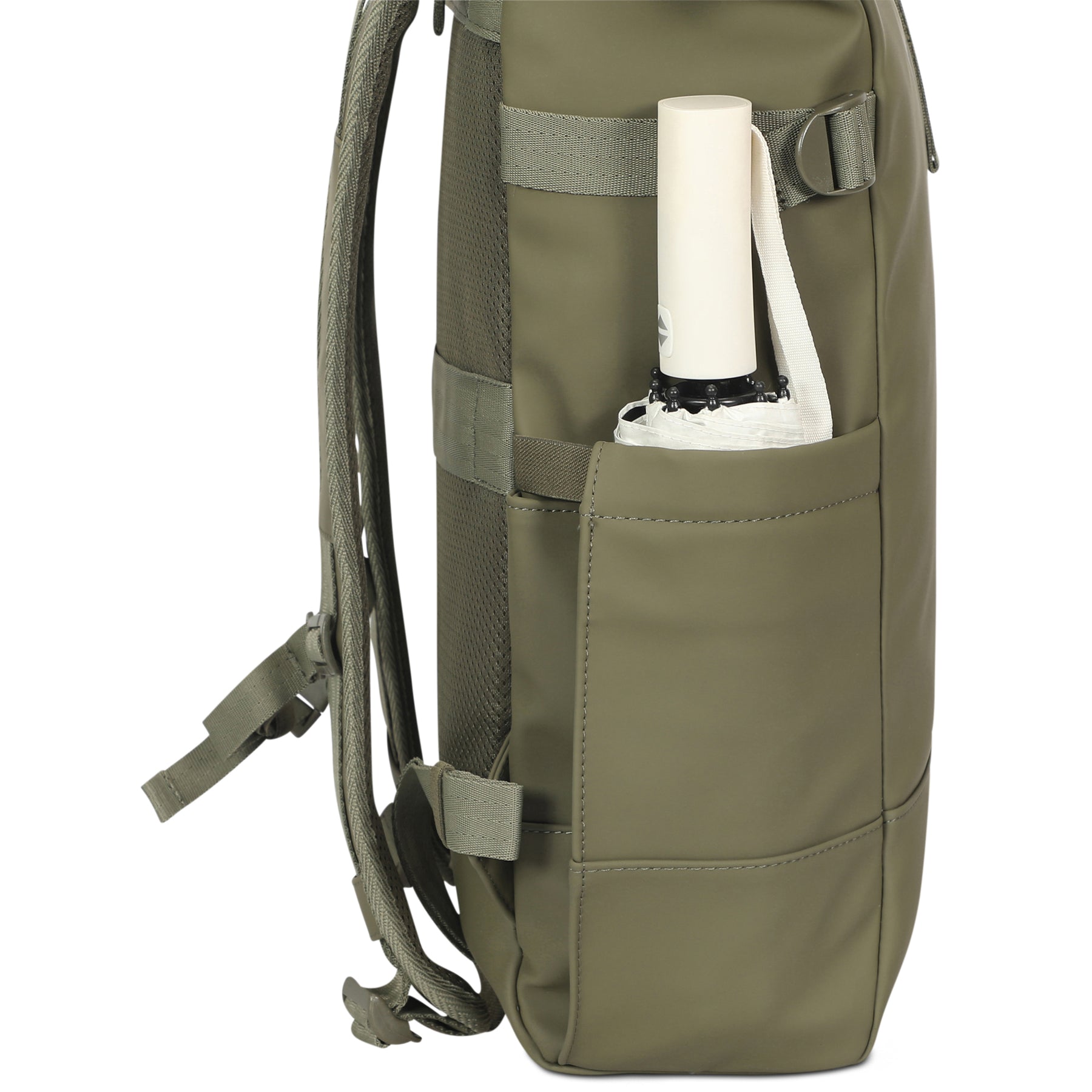 Olivefarbener Rolltop Rucksack 'Harvey Large' mit seitlicher Tasche und weißem Griff eines Regenschirms