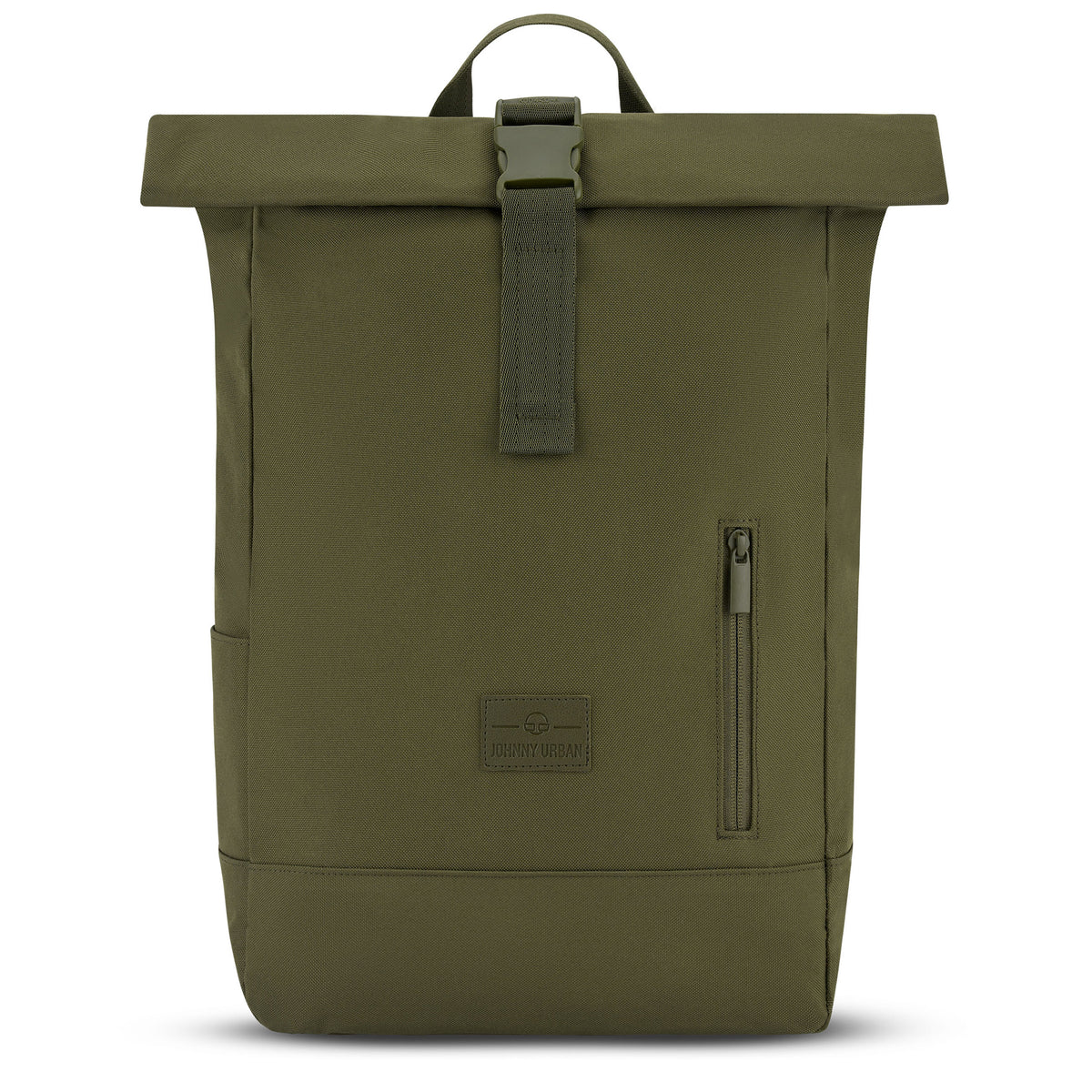 Olivefarbener Rolltop-Rucksack 'Robin Medium' von Johnny Urban mit Frontreißverschluss und Trageschlaufe