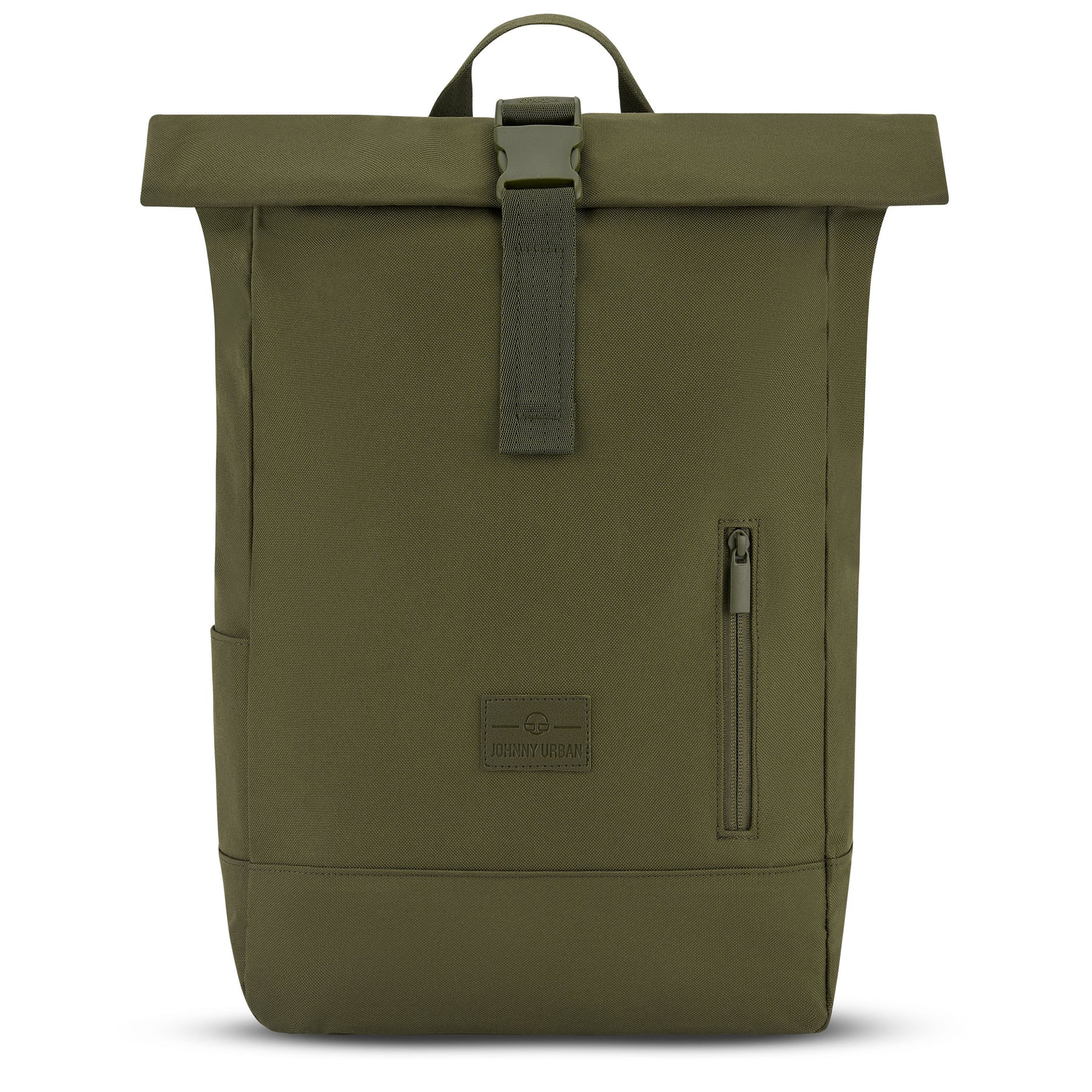 Olivefarbener Rolltop-Rucksack 'Robin Medium' von Johnny Urban mit Frontreißverschluss und Trageschlaufe