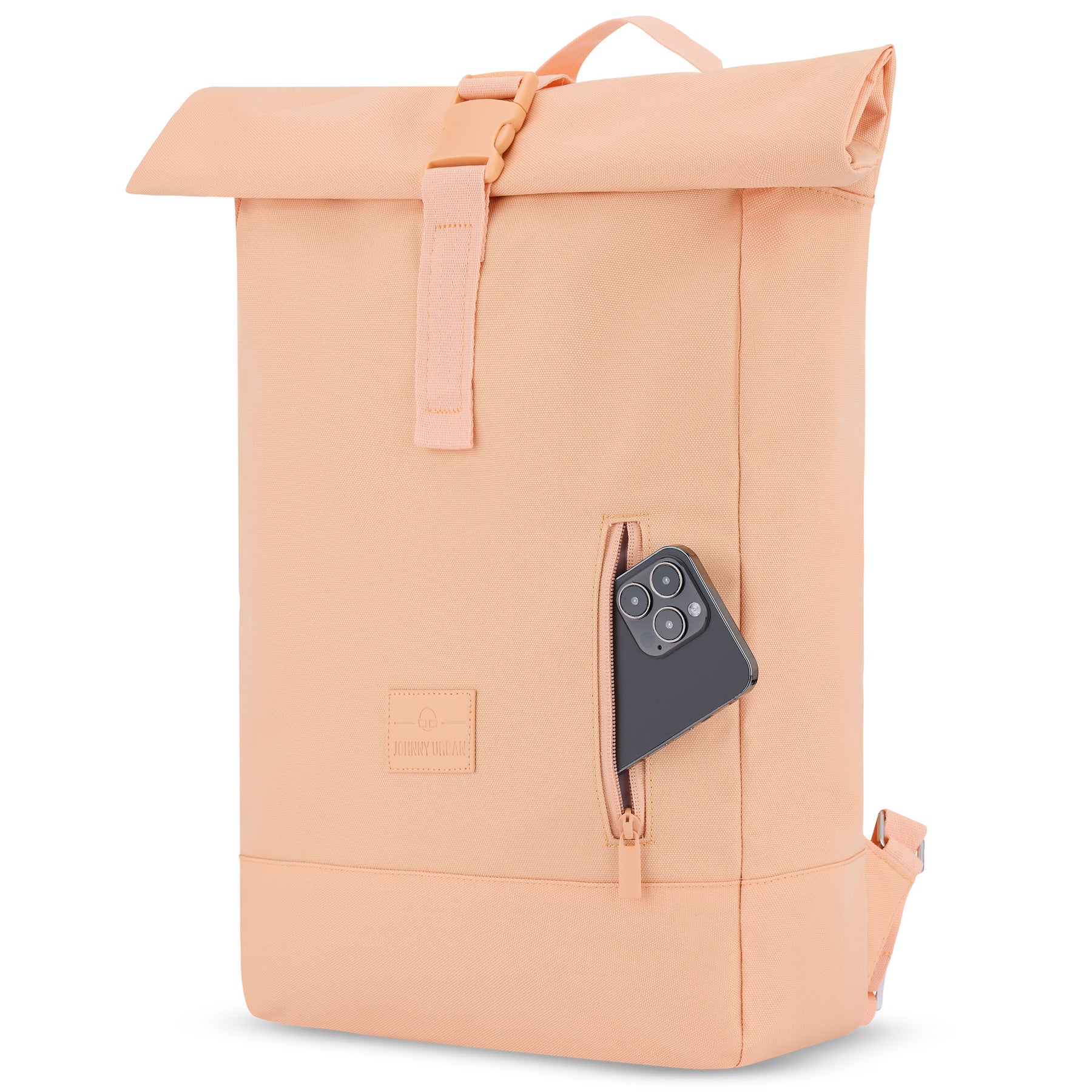 Rolltop-Rucksack Robin Medium in Pfirsich mit seitlicher Reißverschlusstasche und Smartphone