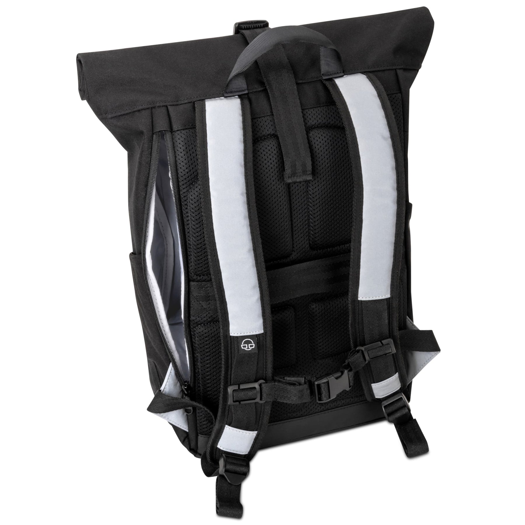 Schwarzer Rolltop Rucksack 'Allen Medium' mit reflektierenden Schultergurten und Belüftungsrücken