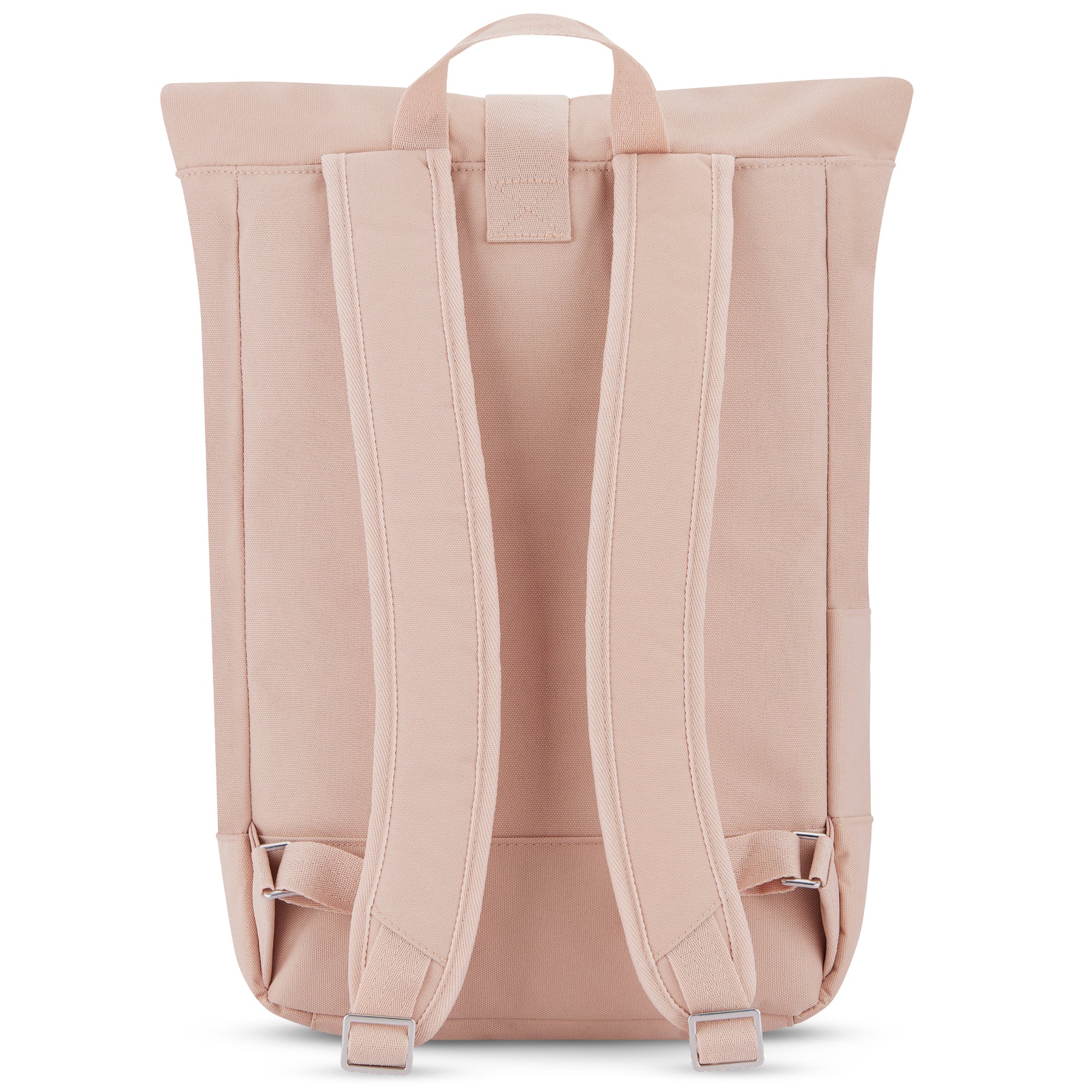 Rolltop Rucksack Robin Medium in Rosa, Rückseite mit gepolsterten Schultergurten und Tragegriff