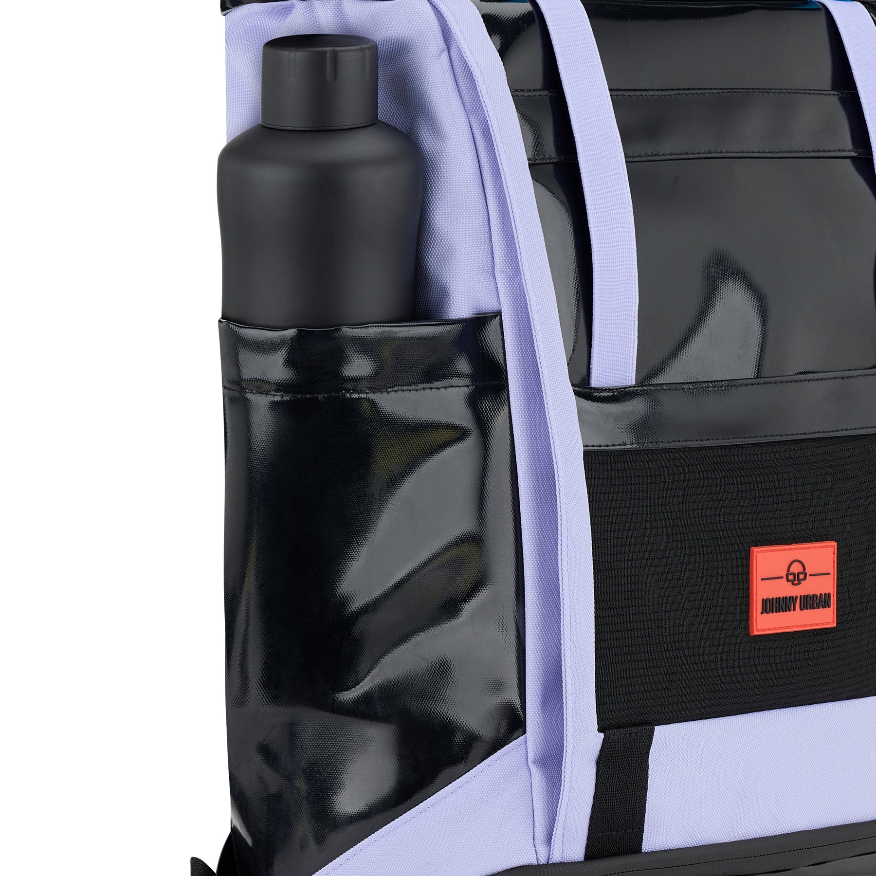 Rolltop Rucksack 'Ashton' in Schwarz und Flieder mit seitlicher Tasche und schwarzer Trinkflasche