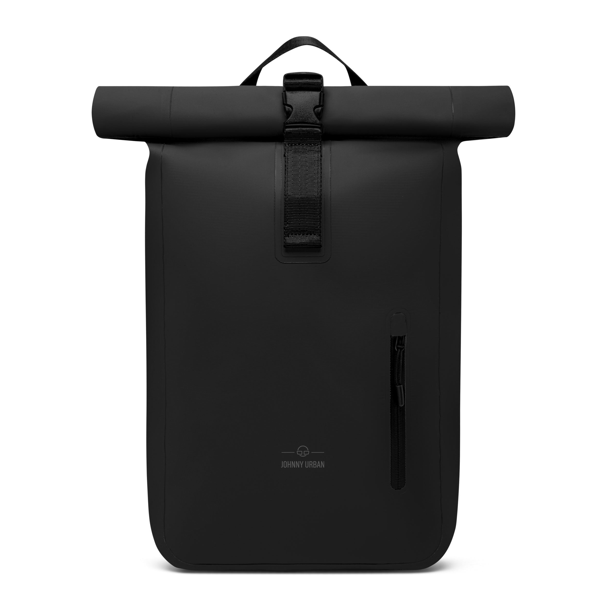 Schwarzer wasserdichter Rolltop Rucksack 'Conor' von Johnny Urban mit Frontreißverschluss und Trageschlaufe
