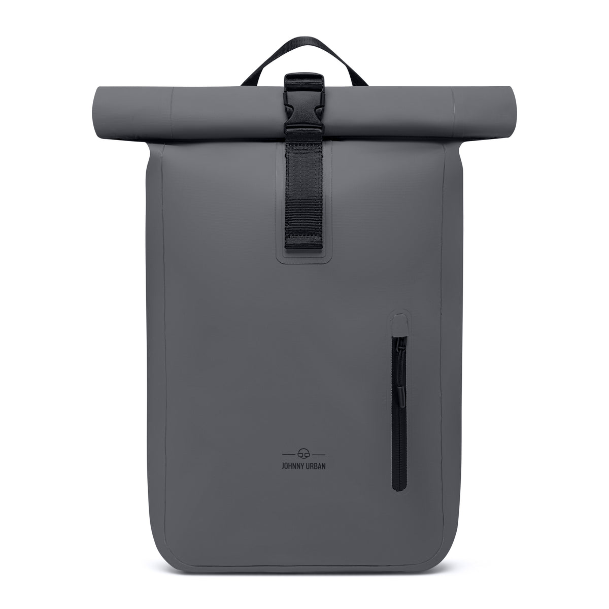 Schwarzer wasserfester Rolltop-Rucksack 'Conor' von Johnny Urban mit seitlicher Reißverschlusstasche