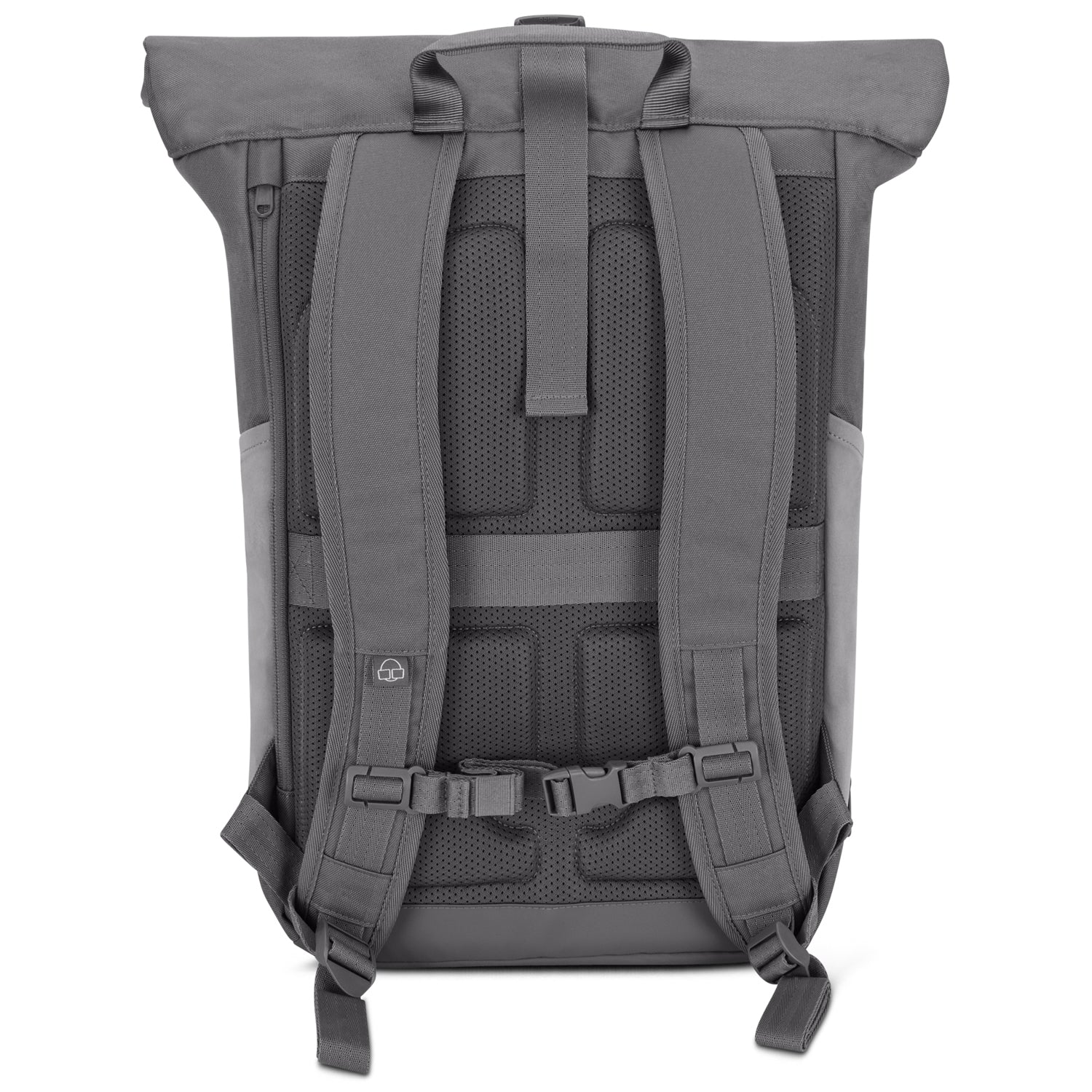 Rückseite des dunkelgrauen Rolltop Rucksacks 'Allen Large' mit gepolsterten Trägern und Rückenpanel
