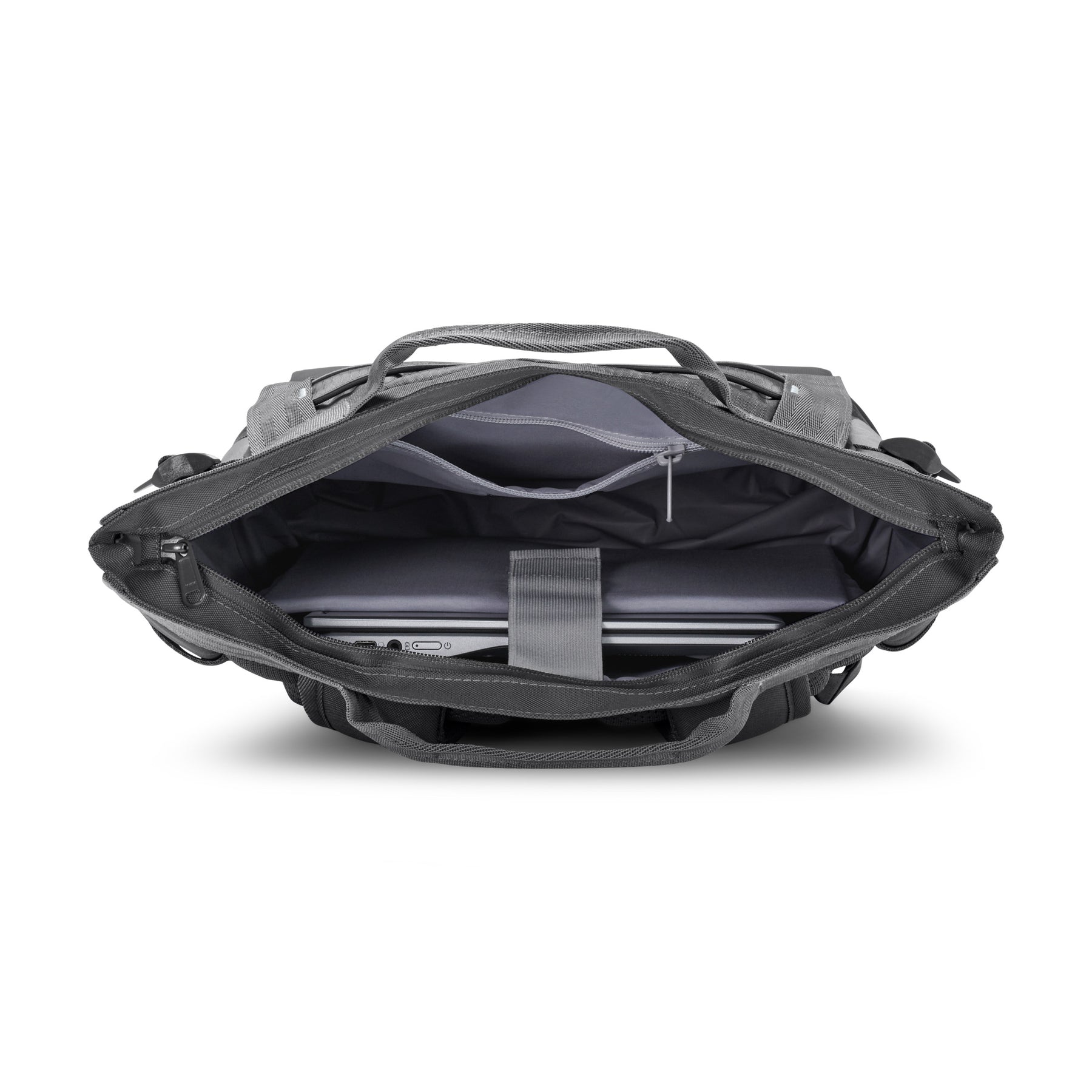 Geöffneter grauer Rucksack "Harper" mit Laptopfach und Reißverschlusstasche innen