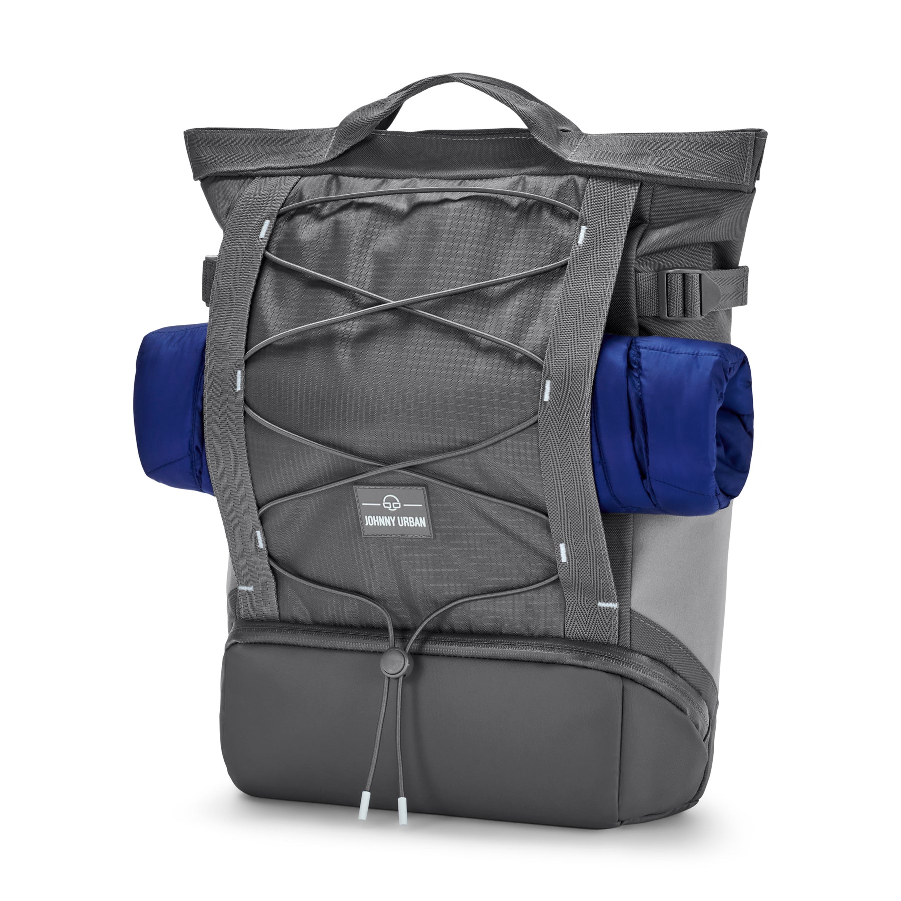 Rucksack Harper von Johnny Urban in grau mit aufgerollter blauer Matte seitlich befestigt