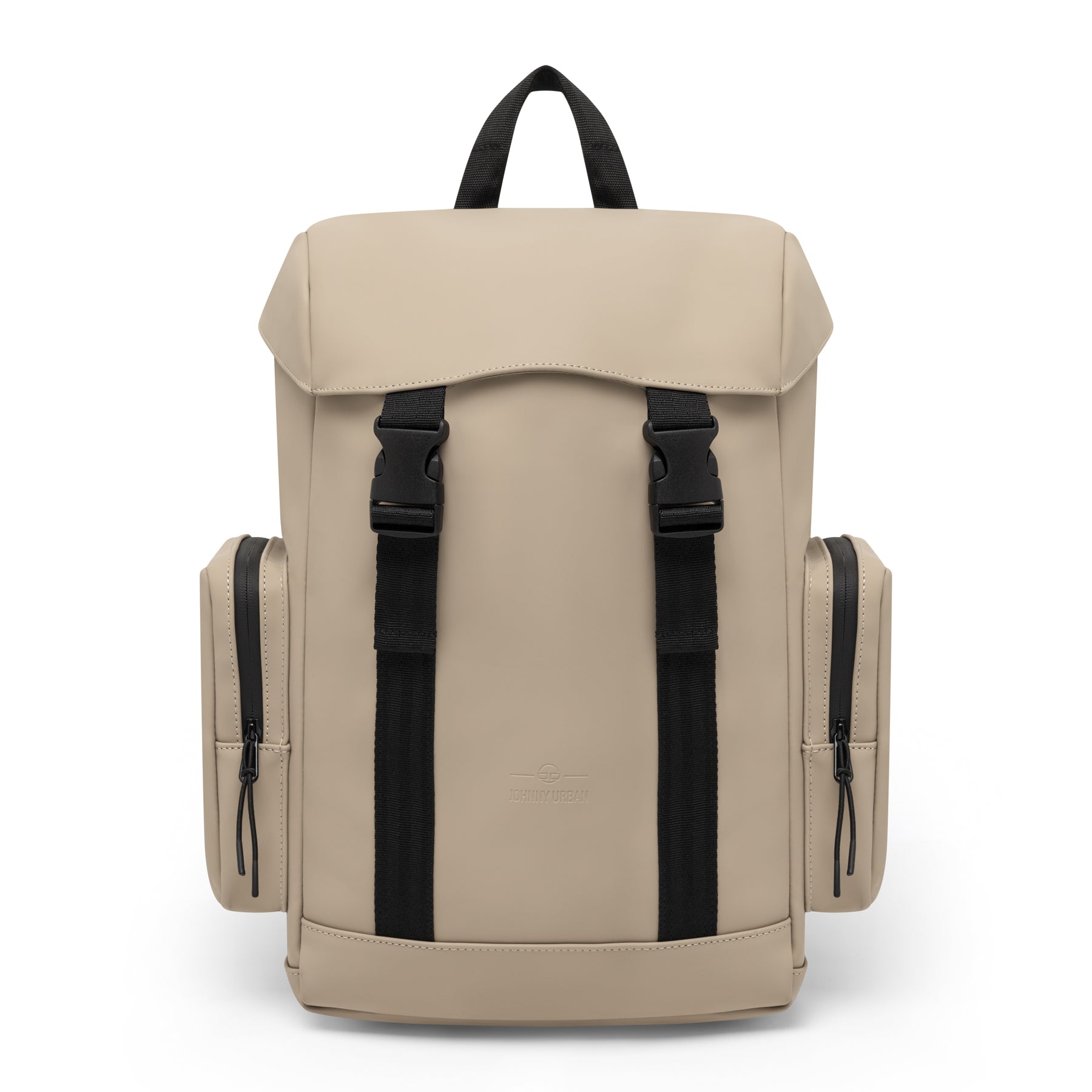 Johnny Urban Rucksack ‚Finley‘ in Beige mit zwei seitlichen Reißverschlusstaschen und schwarzen Gurten