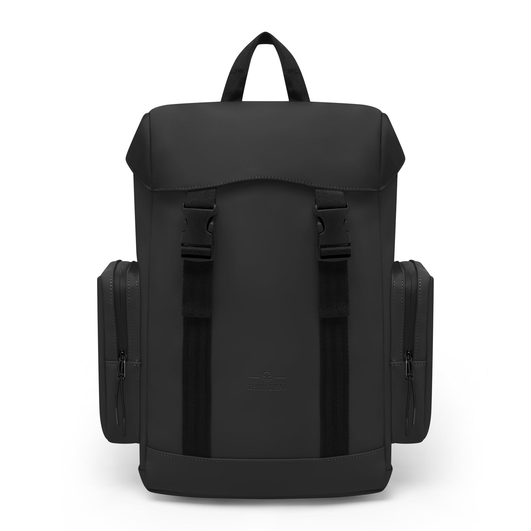 Schwarzer Johnny Urban Rucksack 'Finley' mit zwei seitlichen Reißverschlusstaschen und klappbarem Deckel