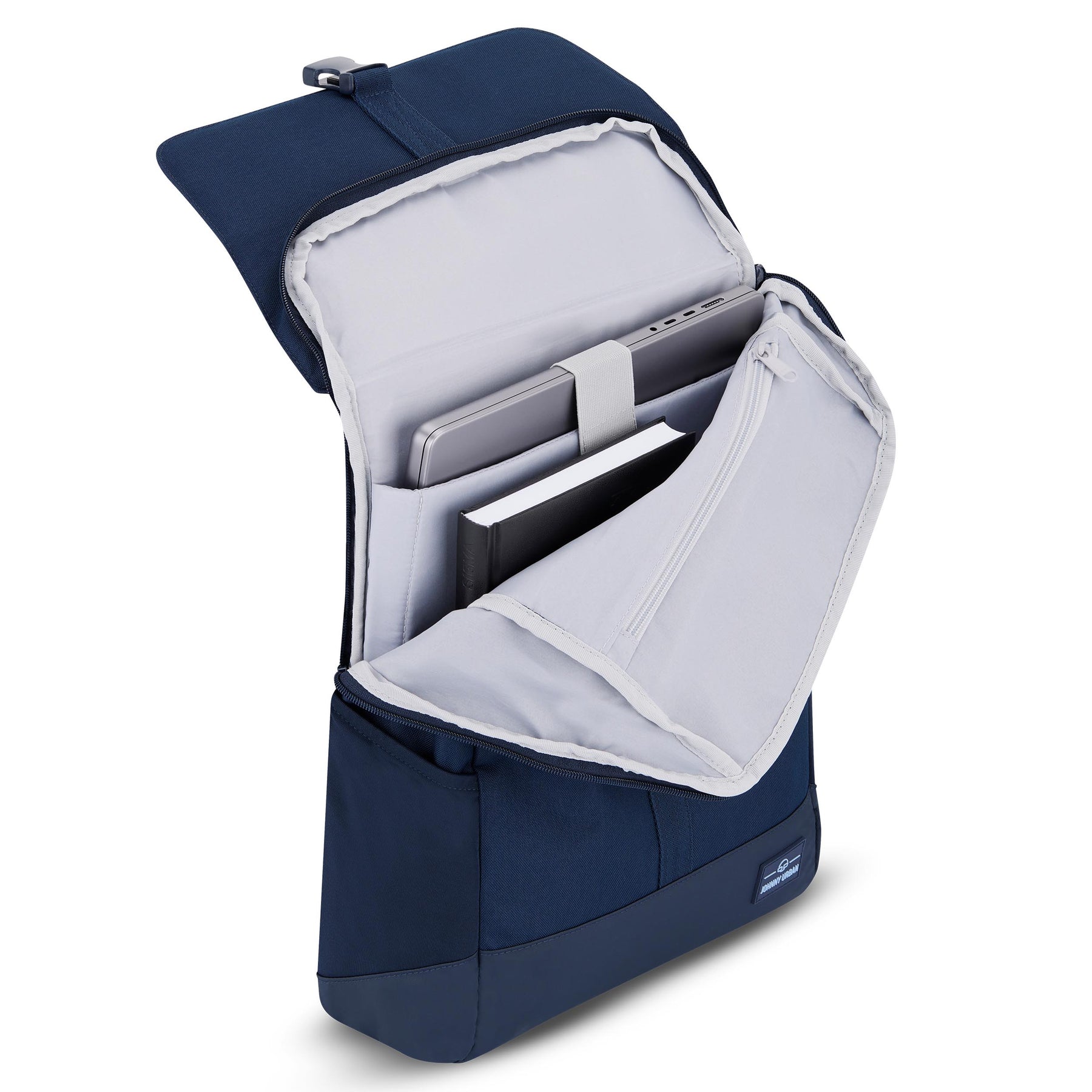 Blauer Johnny Urban Rucksack 'Mika' mit geöffnetem Laptopfach, graues Innenfutter, Laptop und Buch drin