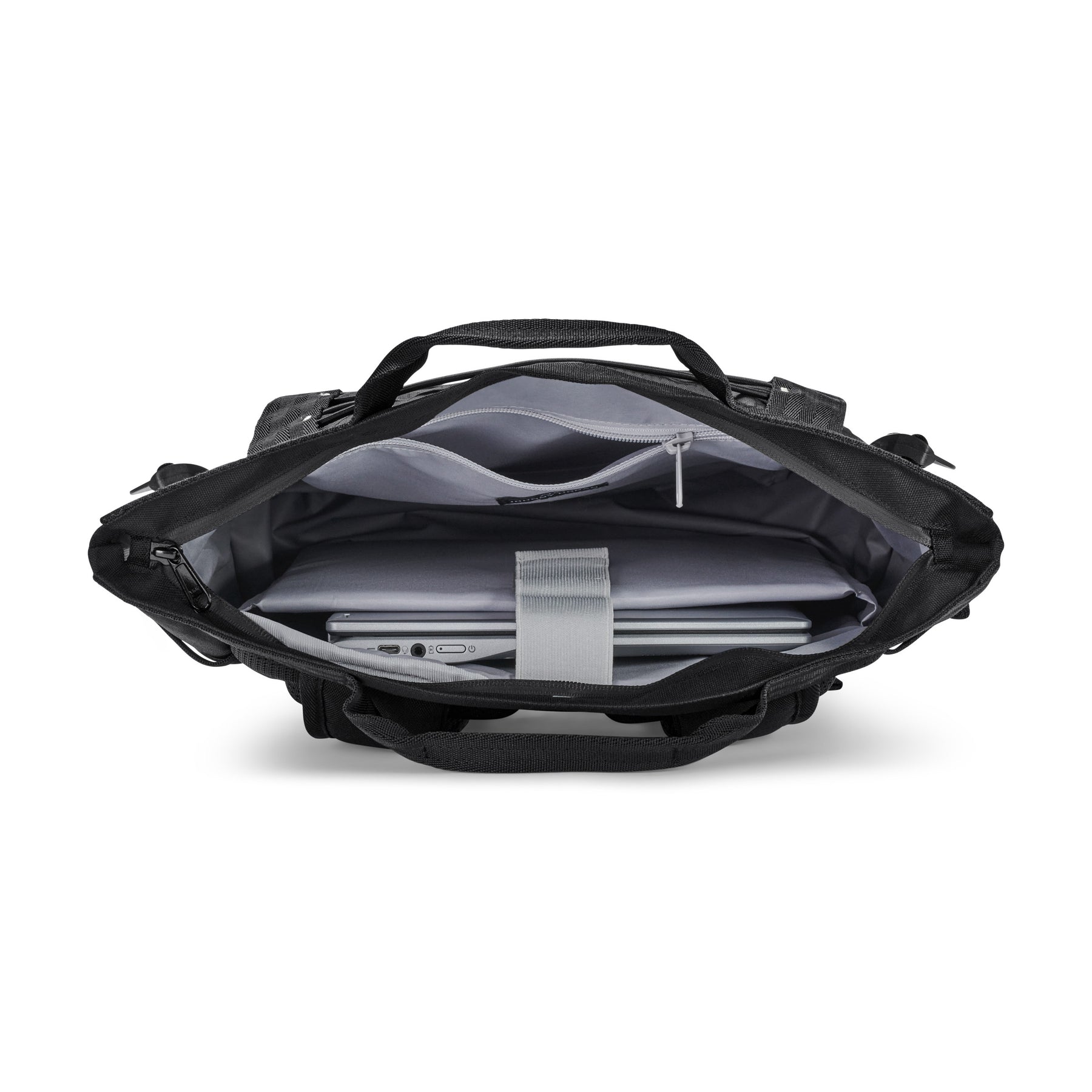 Innenansicht des schwarzen Rucksacks 'Harper' mit gepolstertem Laptopfach und mehreren Taschen