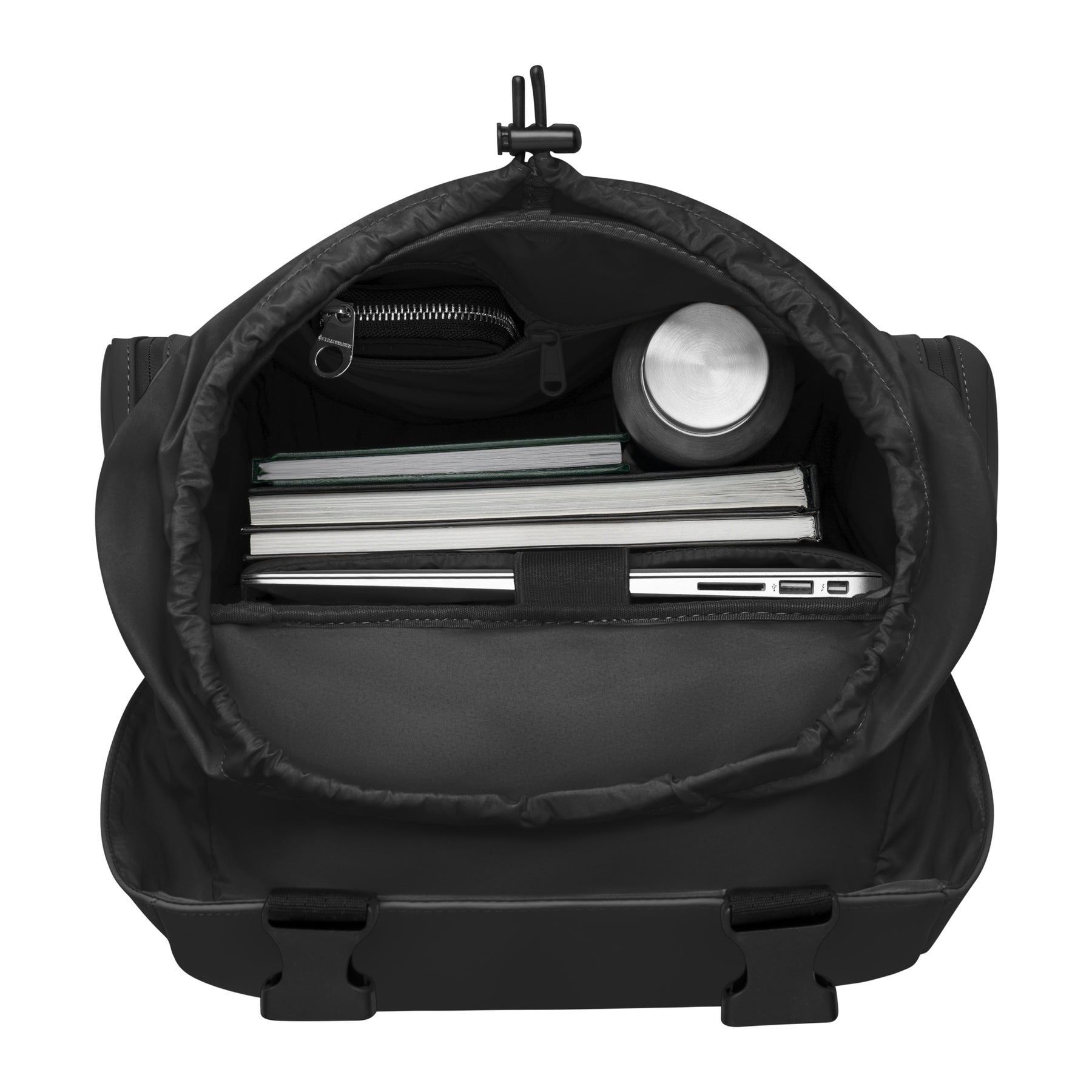 Schwarzer Johnny Urban Rucksack 'Finley' mit Laptopfach, Büchern, Wasserflasche und Reißverschlusstasche von oben geöffnet