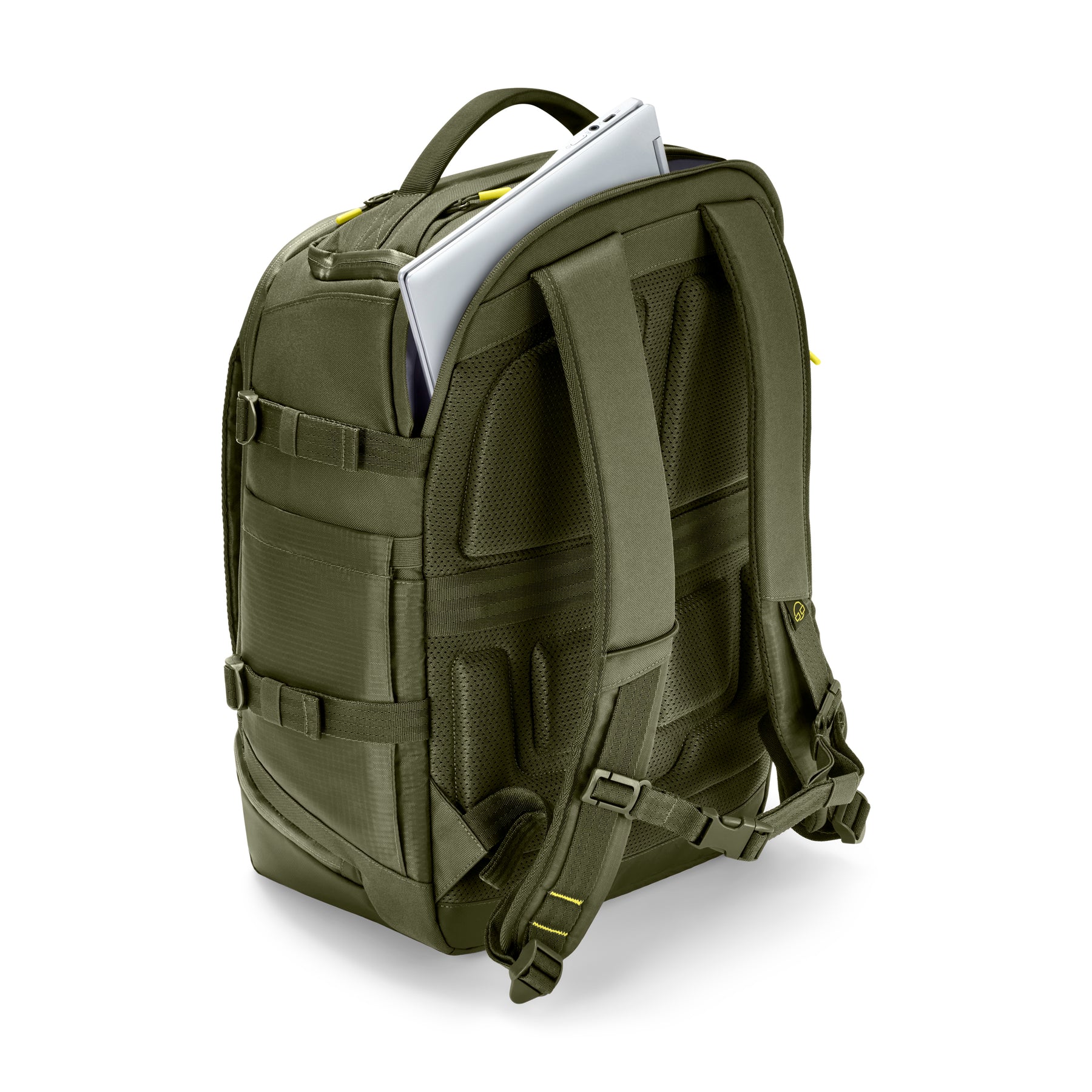 Olivegrüner Rucksack 'Jack' mit gepolstertem Rücken und Laptopfach, das einen Laptop zeigt