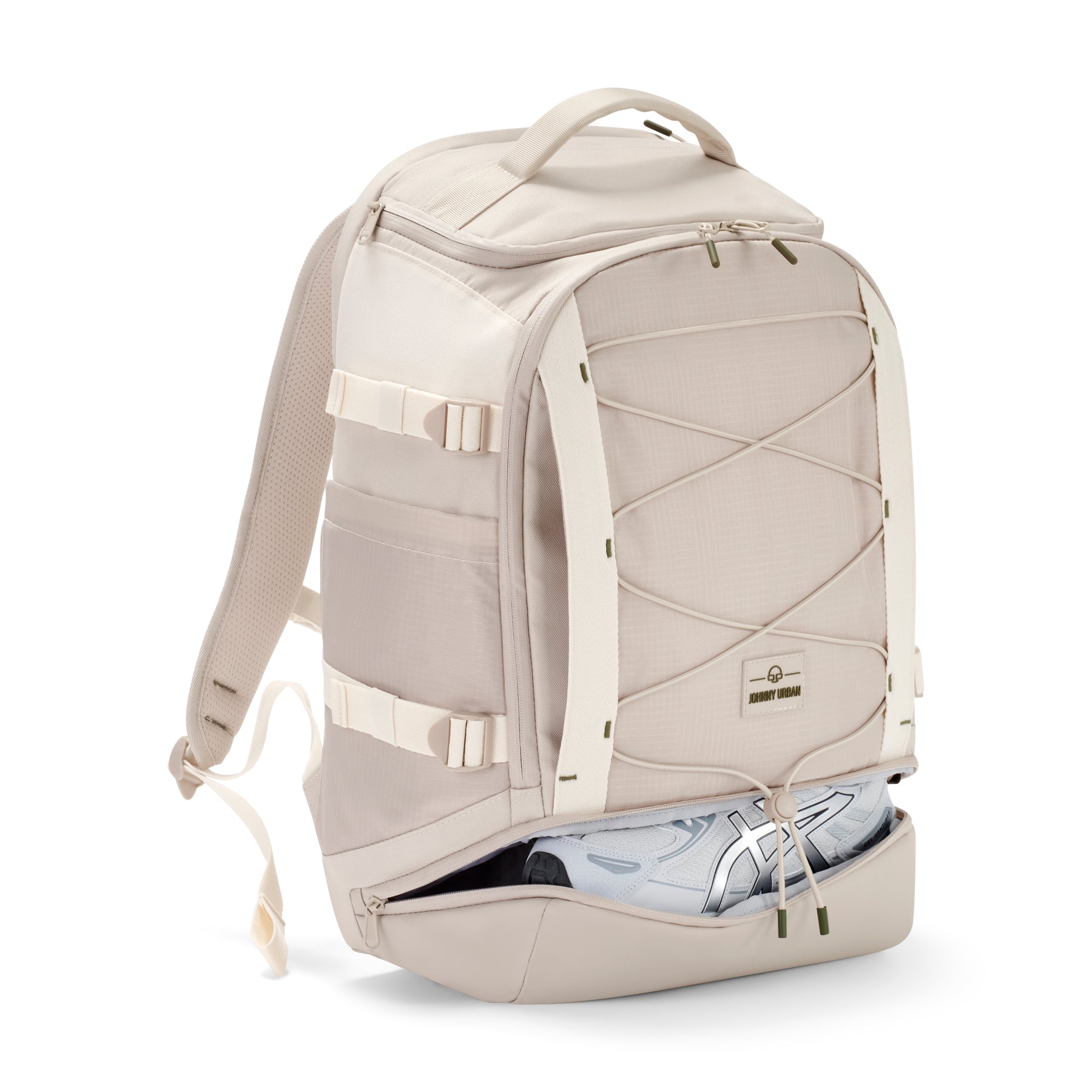 Beiger Johnny Urban Rucksack 'Jack' mit Schuhfach am Boden, seitlichen Taschen und elastischem Frontnetz