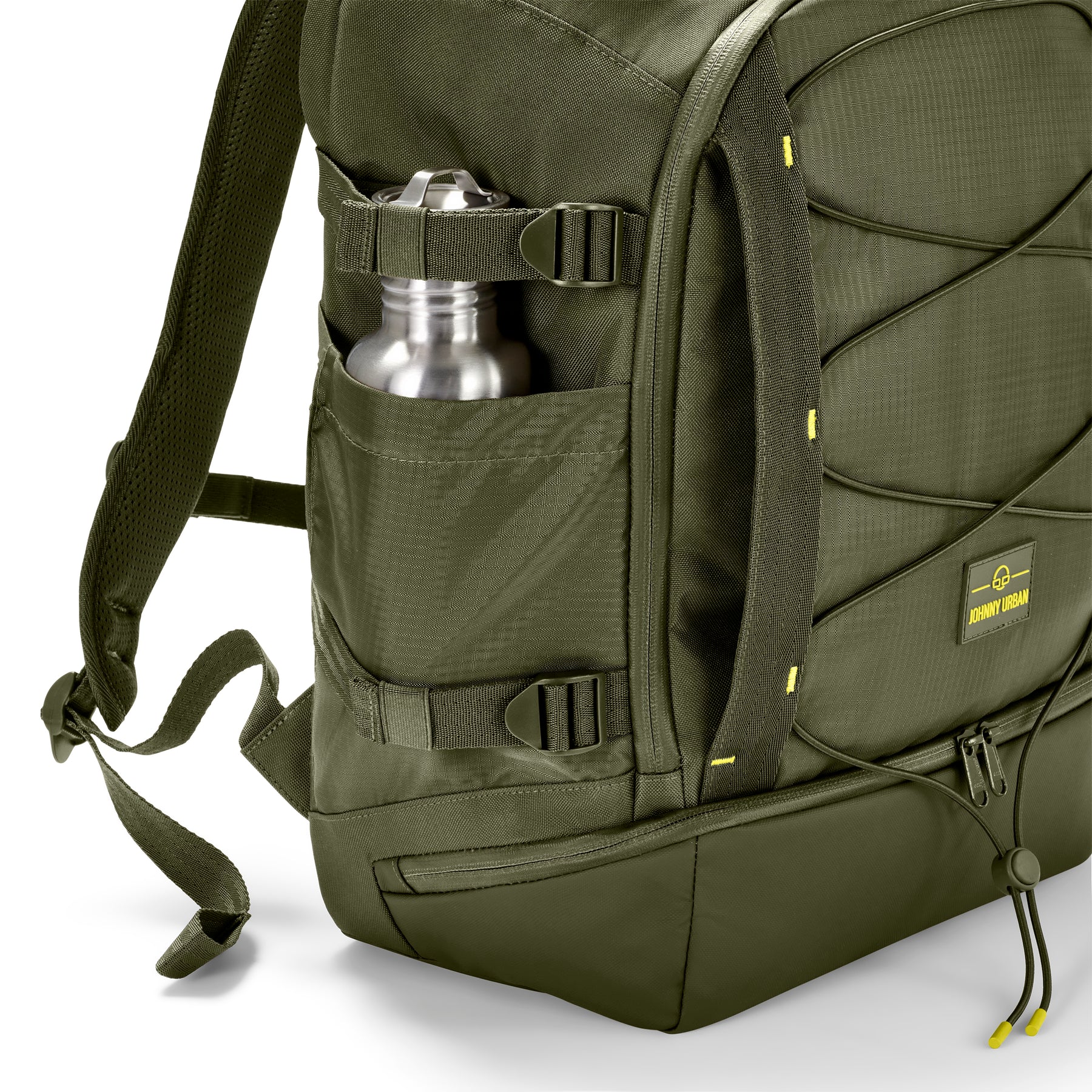 Olivegrüner Rucksack 'Jack' mit Seitentasche und Metallflasche von Johnny Urban