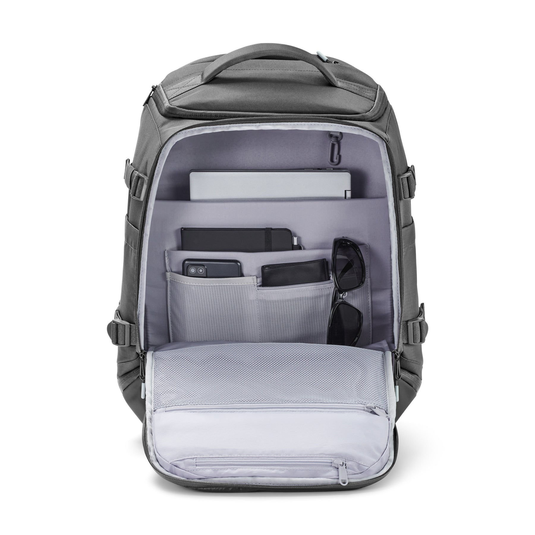 Rucksack 'Jack' von Johnny Urban in Grau mit vielen Fächern und Laptopfach, gefüllt mit Laptop, Tablet, Smartphone und Sonnenbrille