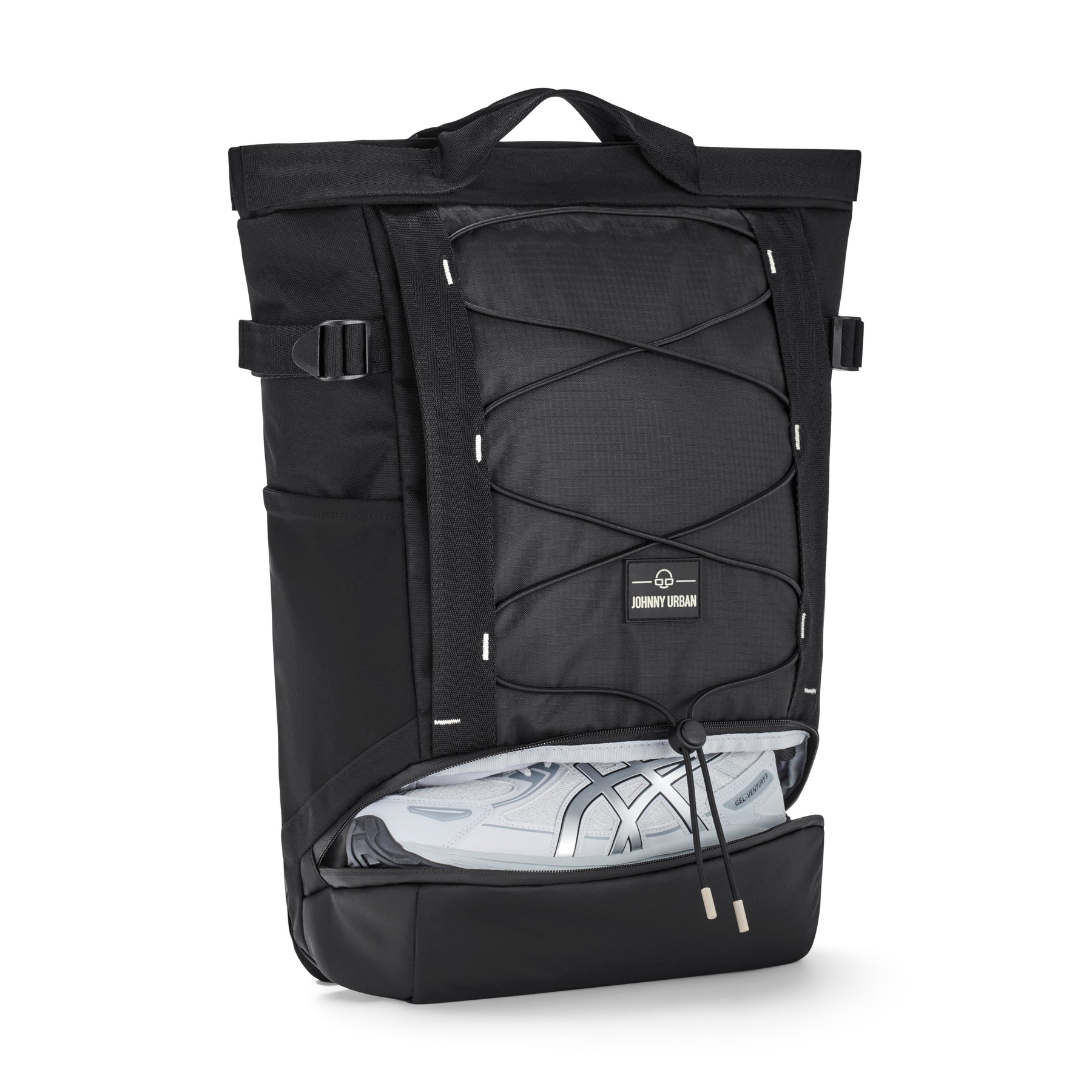 Schwarzer Johnny Urban Rucksack 'Harper' mit Schuhfach, zylindrisches Design, mit grauem Sportschuh im Fach