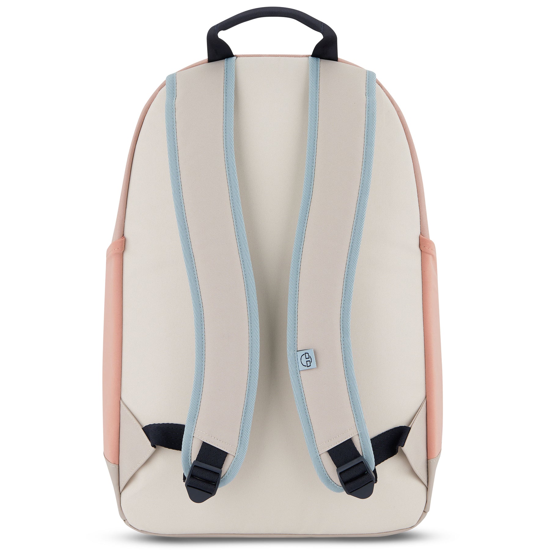 Beiger und rosa Rucksack 'Neo' von Johnny Urban, Rückansicht mit gepolsterten, beigen Schultergurten und hellblauen Kanten