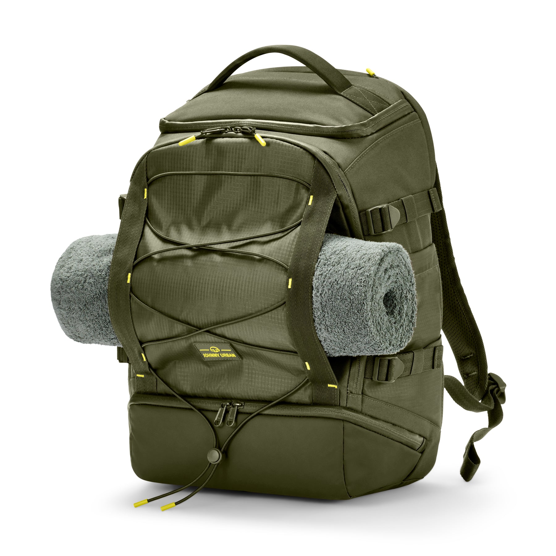 Olivgrüner Rucksack 'Jack' von Johnny Urban mit befestigter grauer Yogamatte