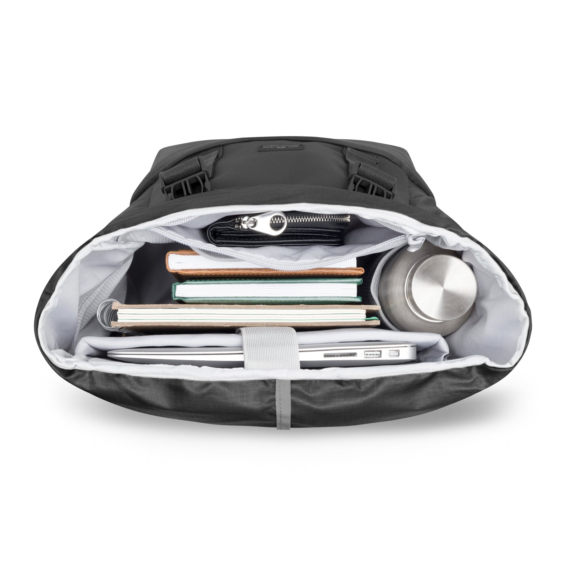 Offener schwarzer Rucksack 'Nico' mit Laptop, Notizbüchern, Geldbörse und Trinkflasche