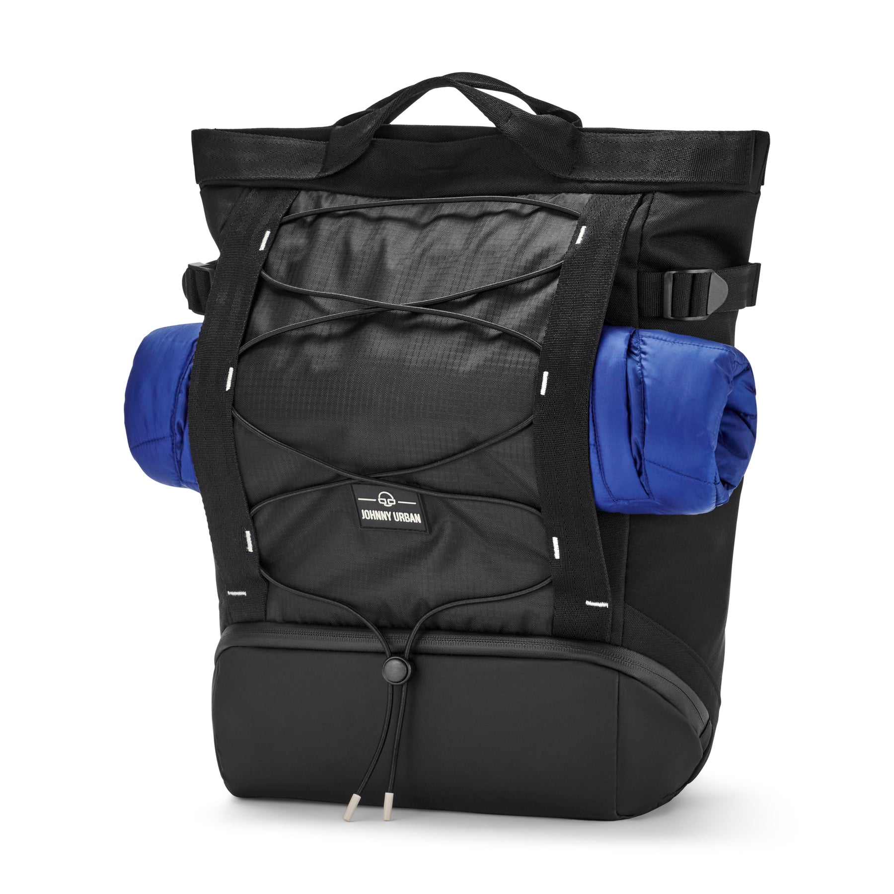 Schwarzer Johnny Urban Rucksack 'Harper' mit seitlich befestigter blauer Yogamatte und elastischem Spanngurt